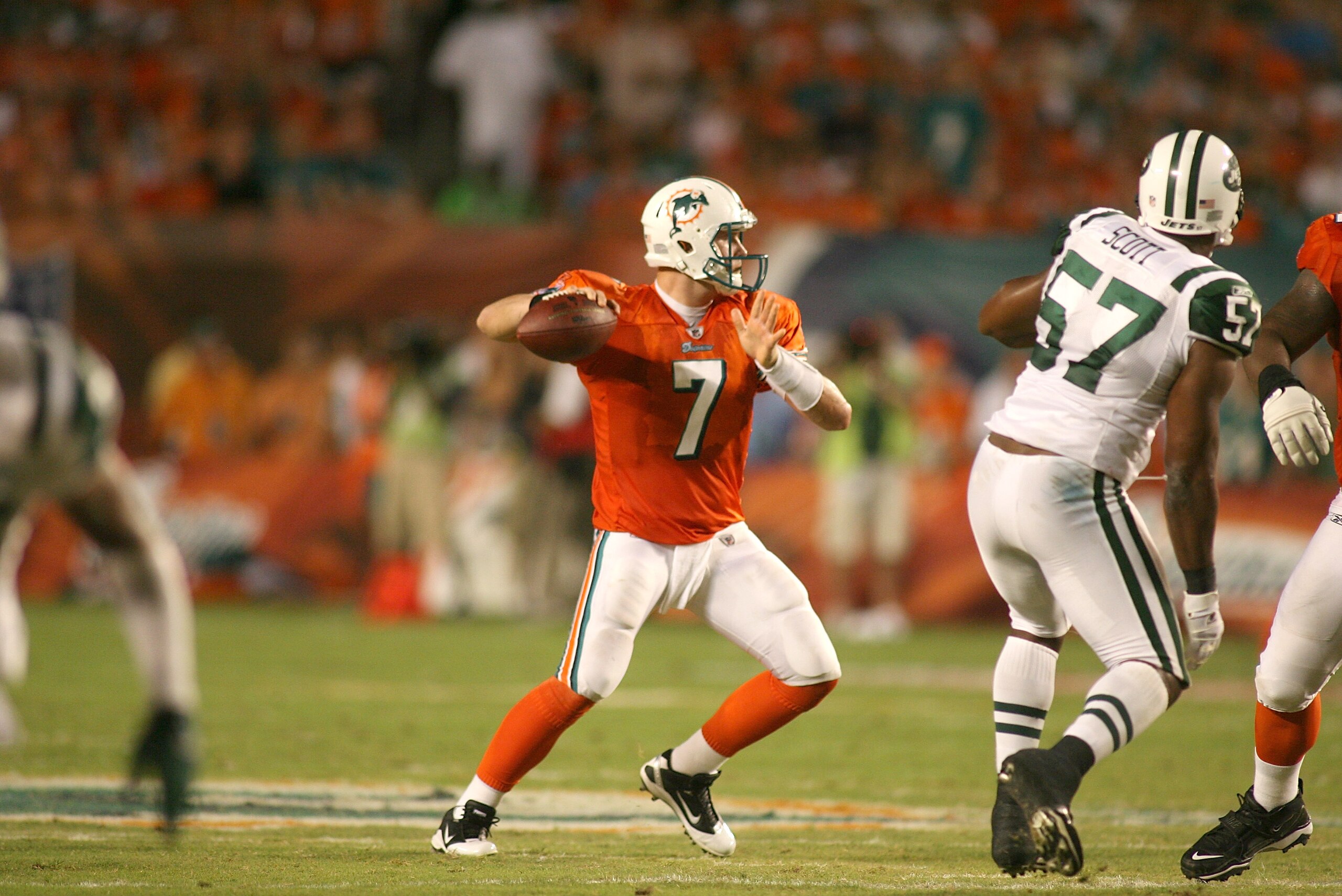MIAMI - SEPTEMBER 26: Quarterback Chad Henne #7 of the Miami Dolphins throws against the New York Jets at Sun Life Stadium on September 26, 2010 in Miami, Florida. The Jets won 31-23. (Photo by Marc Serota/Getty Images)