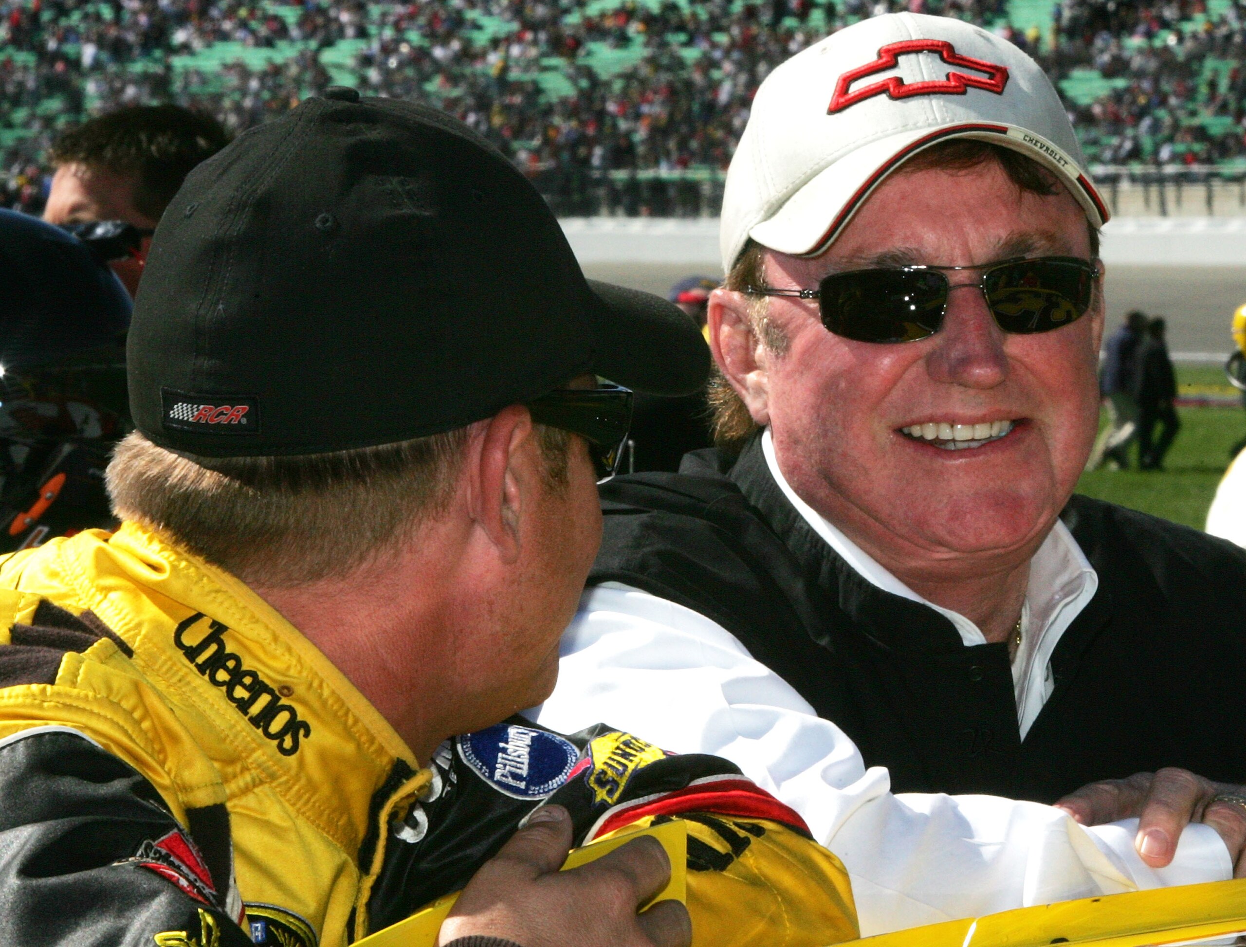 KANSAS CITY, KS - OCTOBER 03:  (L-R) Clint Bowyer, driver of the #33 Cheerios/Hamburger Helper Chevrolet talks with team owner Richard Childress prior to the NASCAR Sprint Cup Series Price Chopper 400 on October 3, 2010 in Kansas City, Kansas.  (Photo by