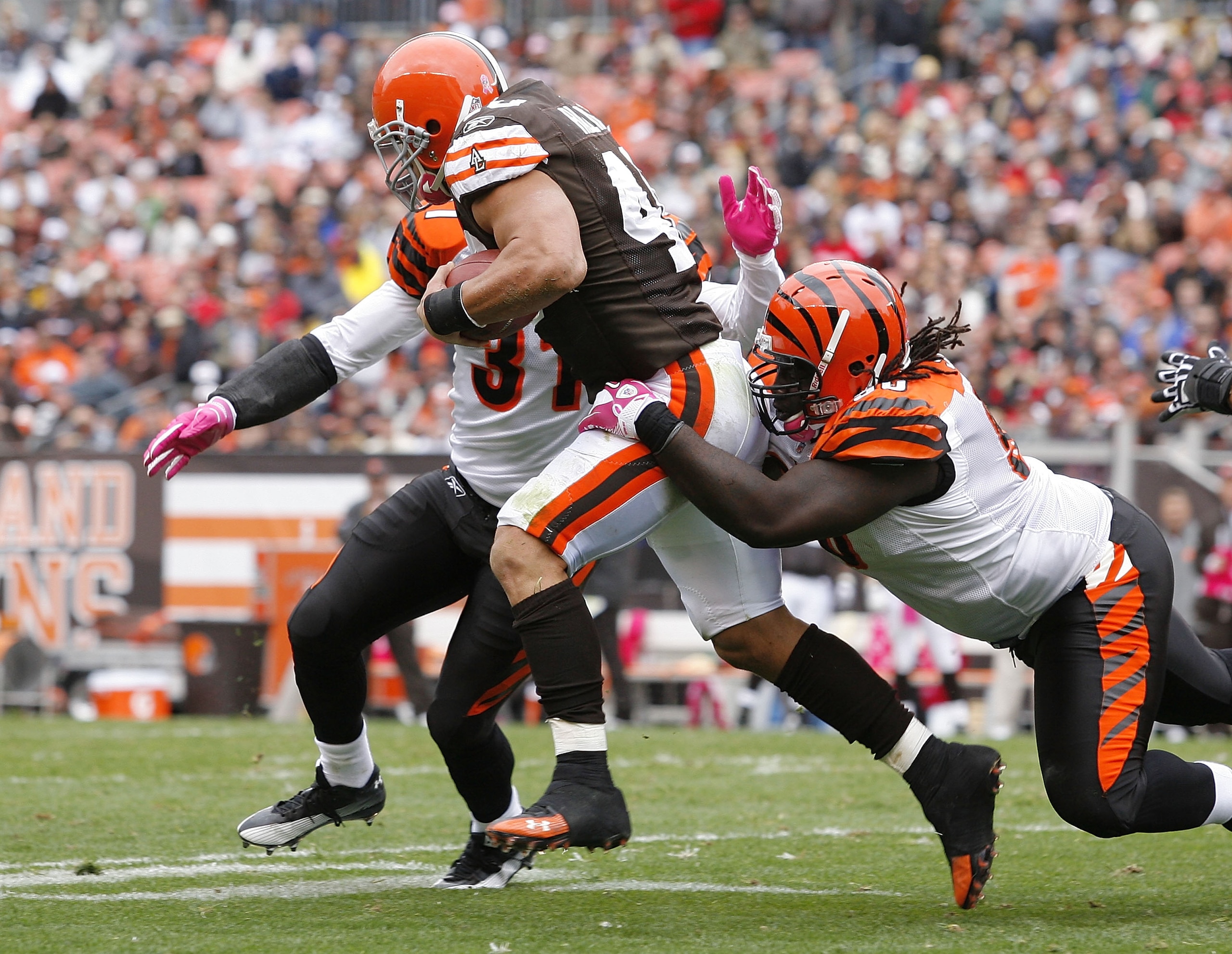 CLEVELAND - OCTOBER 03:  Running back Peyton Hillis #40 of the Cleveland Browns is hit by defenders Roy Williams #31 and Pat Sims #90 of the Cincinnati Bengals at Cleveland Browns Stadium on October 3, 2010 in Cleveland, Ohio.  (Photo by Matt Sullivan/Get