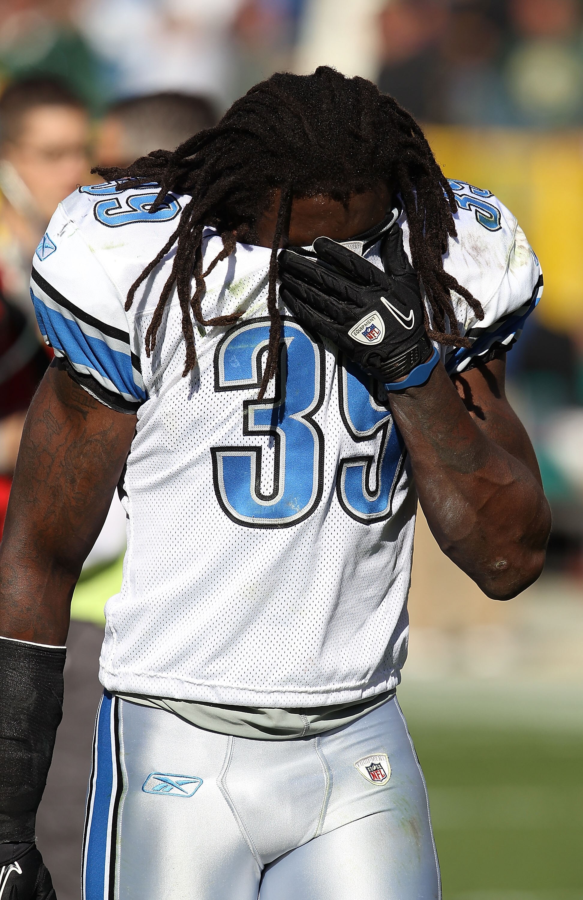 GREEN BAY, WI - OCTOBER 03: C.C. Brown #39 of the Detroit Lions leaves the field after a loss to the Green Bay Packers at Lambeau Field on October 3, 2010 in Green Bay, Wisconsin. The Packers defeated the Lions 28-26. (Photo by Jonathan Daniel/Getty Image