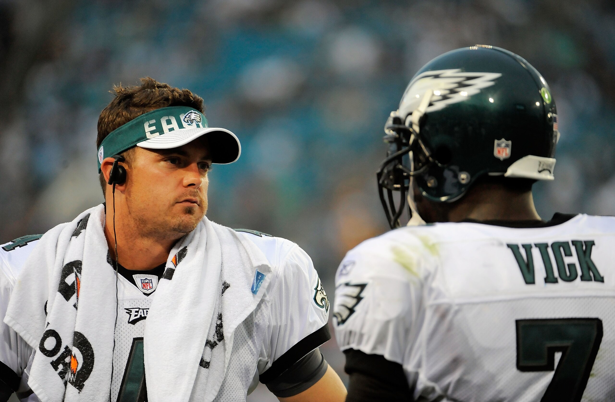 JACKSONVILLE, FL - SEPTEMBER 26:  Quarterbacks Kevin Kolb #4 and Michael Vick #7 of the Philadelphia Eagles talk on the sidelines during a time-out against the Jacksonville Jaguars at EverBank Field on September 26, 2010 in Jacksonville, Florida. The Eagl