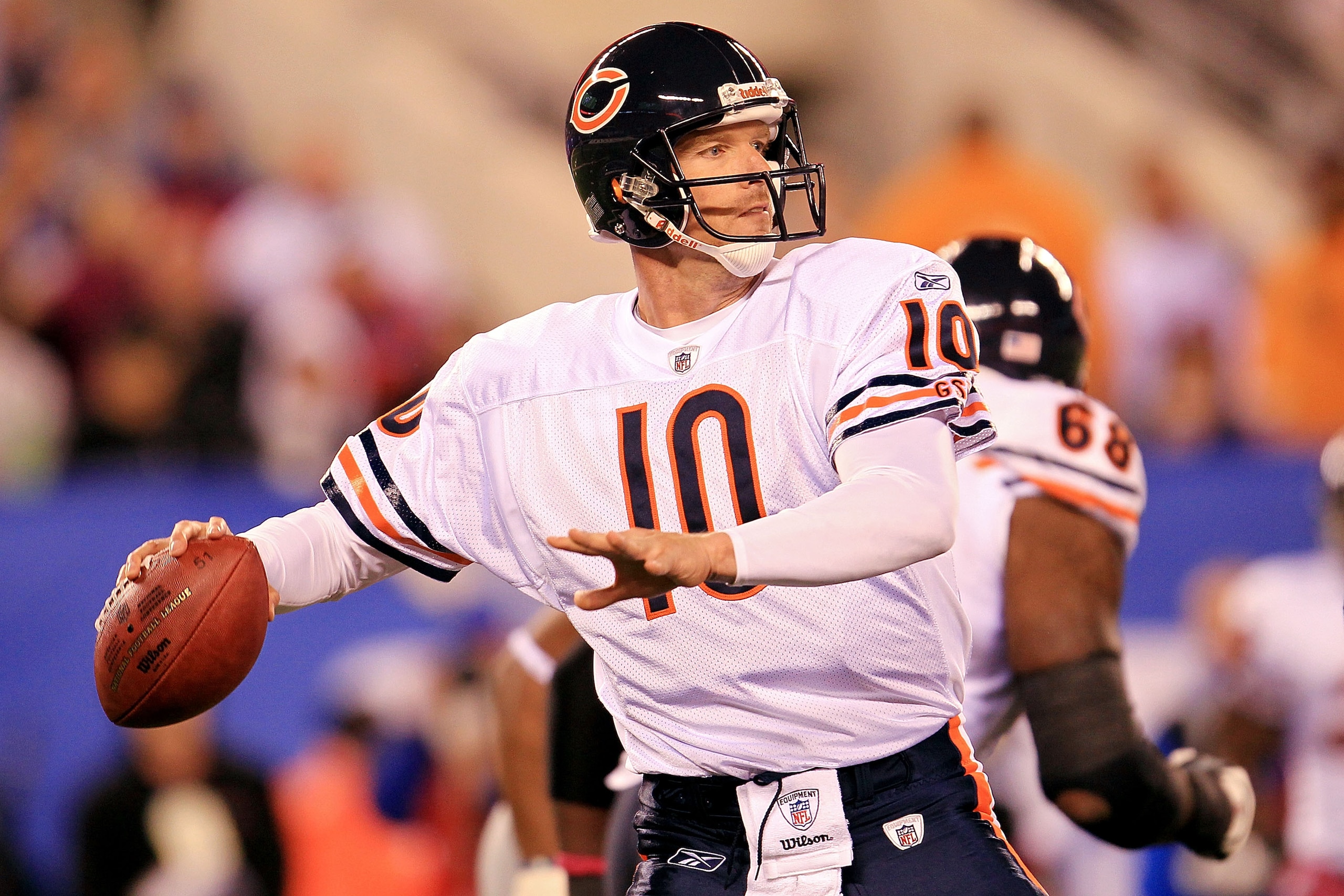 EAST RUTHERFORD, NJ - OCTOBER 03:  Todd Collins #10 of the Chicago Bears drops back to pass against the New York Giants at New Meadowlands Stadium on October 3, 2010 in East Rutherford, New Jersey.  (Photo by Chris McGrath/Getty Images)