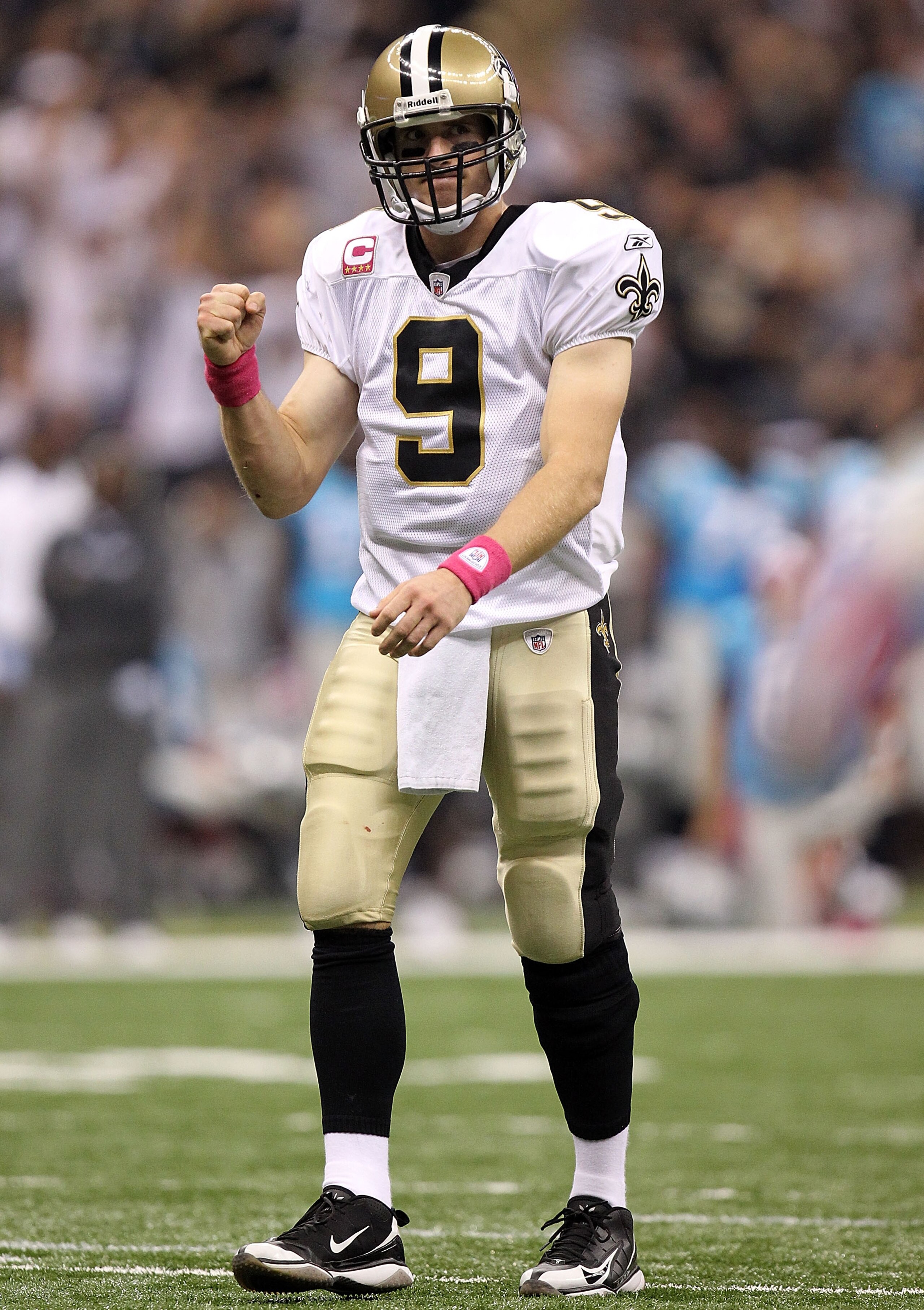 NEW ORLEANS - OCTOBER 03: Quarterback Drew Brees #9 of the New Orleans Saints celebrates a touchdown in the first quarter against the Carolina Panthers at the Louisiana Superdome on October 3, 2010 in New Orleans, Louisiana. (Photo by Ronald Martinez/Ge NEW ORLEANS - OCTOBER 03: Quarterback Drew Brees #9 of the New Orleans Saints celebrates a touchdown in the first quarter against the Carolina Panthers at the Louisiana Superdome on October 3, 2010 in New Orleans, Louisiana. (Photo by Ronald Martinez/Ge