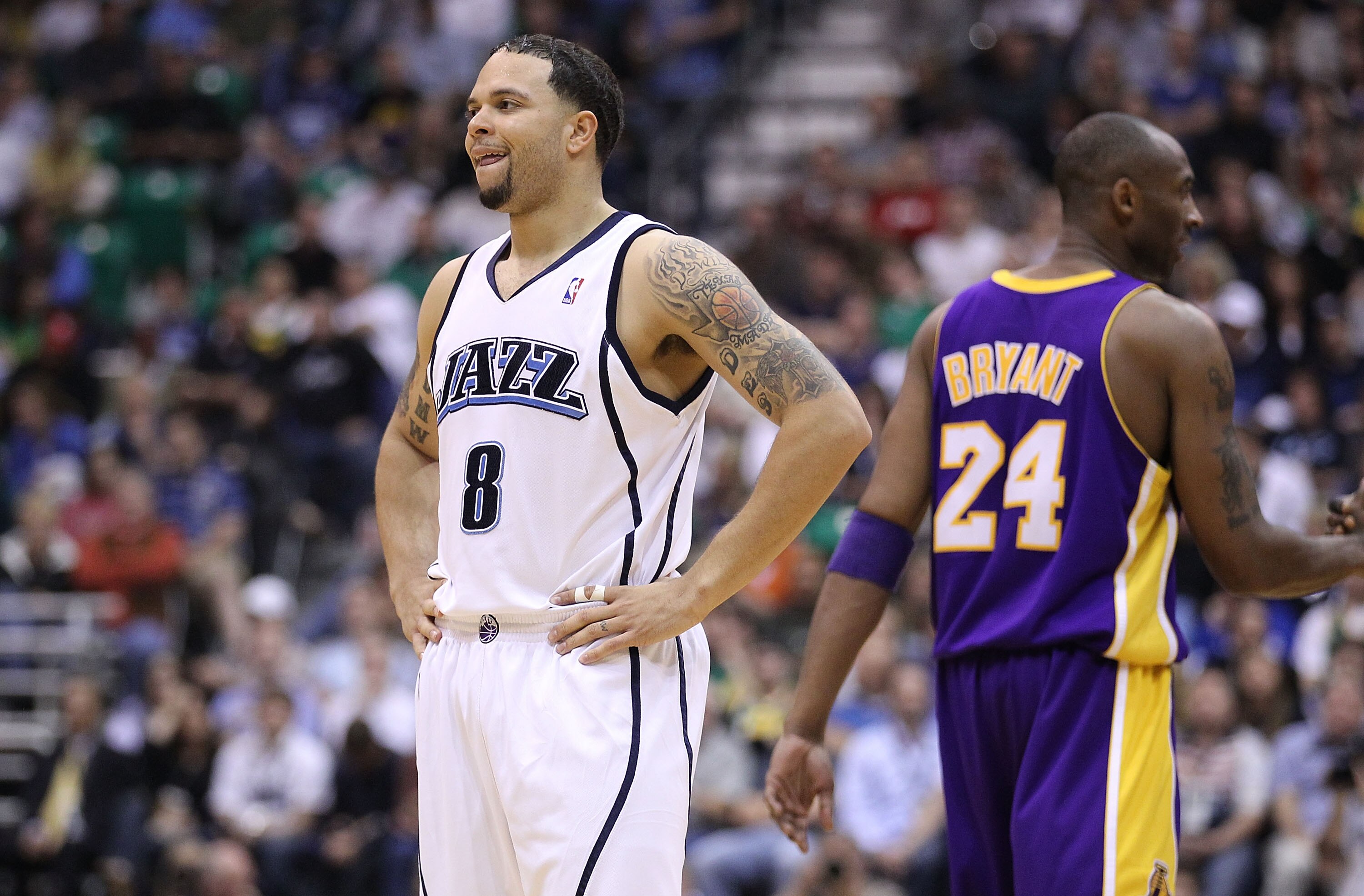 SALT LAKE CITY - MAY 10: Deron Williams #8 of the Utah Jazz looks on against the Los Angeles Lakers during Game Four of the Western Conference Semifinals of the 2010 NBA Playoffs on May 10, 2010 at Energy Solutions Arena in Salt Lake City, Utah. NOTE TO SALT LAKE CITY - MAY 10: Deron Williams #8 of the Utah Jazz looks on against the Los Angeles Lakers during Game Four of the Western Conference Semifinals of the 2010 NBA Playoffs on May 10, 2010 at Energy Solutions Arena in Salt Lake City, Utah. NOTE TO