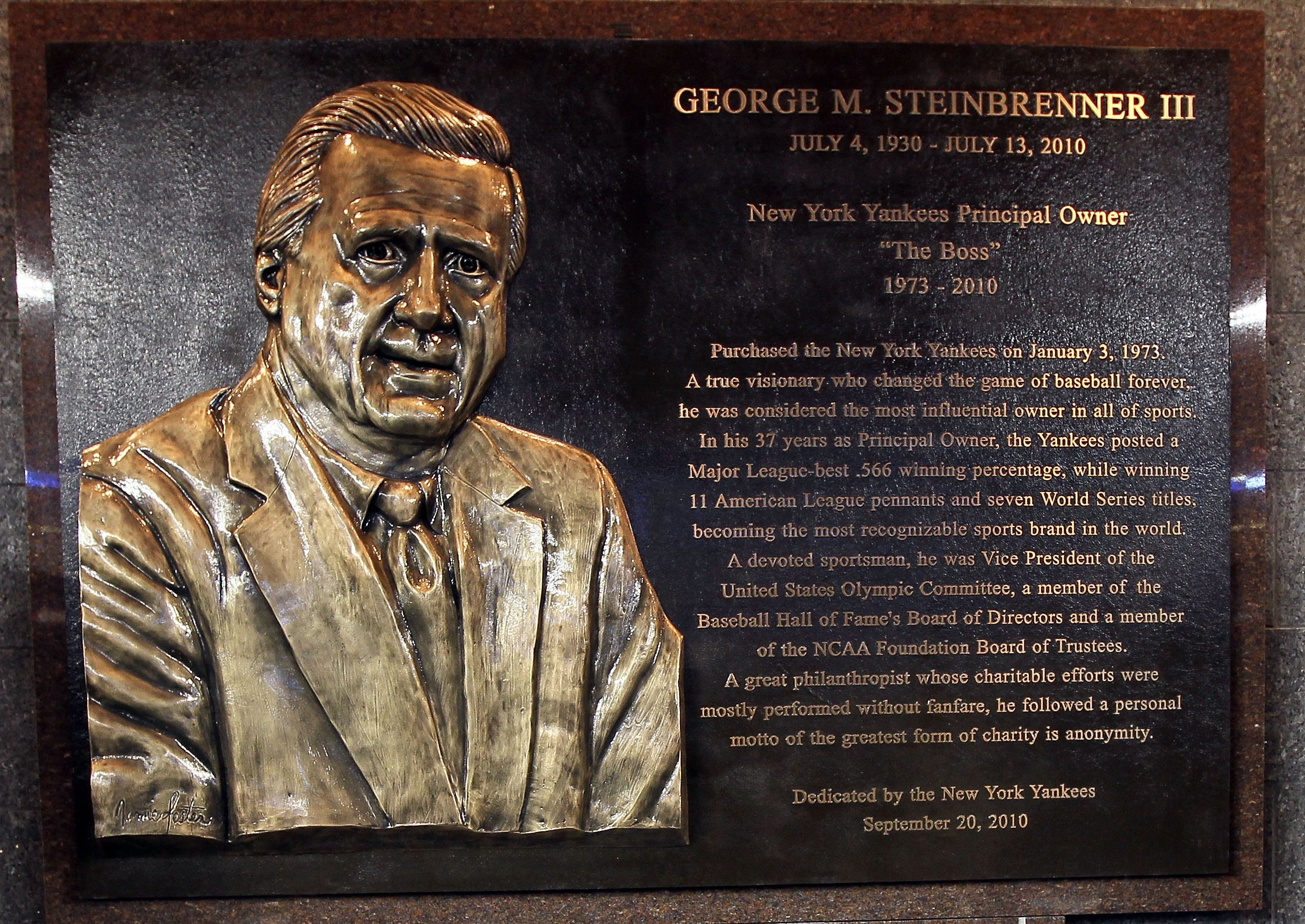NEW YORK - SEPTEMBER 20: The monument of late owner of the New York Yankees George Steinbrenner is seen prior to the game against the Tampa Bay Rays on September 20, 2010 at Yankee Stadium in the Bronx borough of New York City. (Photo by Jim McIsaac/Gett NEW YORK - SEPTEMBER 20: The monument of late owner of the New York Yankees George Steinbrenner is seen prior to the game against the Tampa Bay Rays on September 20, 2010 at Yankee Stadium in the Bronx borough of New York City. (Photo by Jim McIsaac/Gett