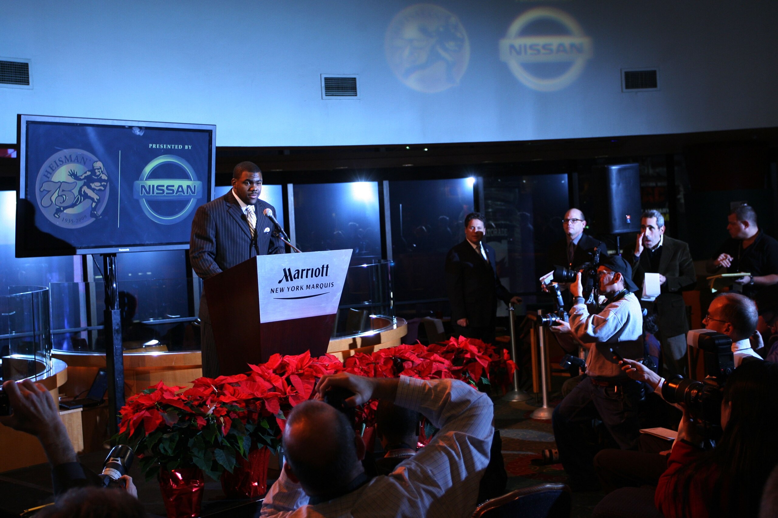 NEW YORK - DECEMBER 12:  Running back Mark Ingram #22 of the Alabama Crimson talks to the media during a press conference after being named the 75th Heisman Trophy winner at the Marriott Marquis on December 12, 2009 in New York City.  (Photo by Chris Trot