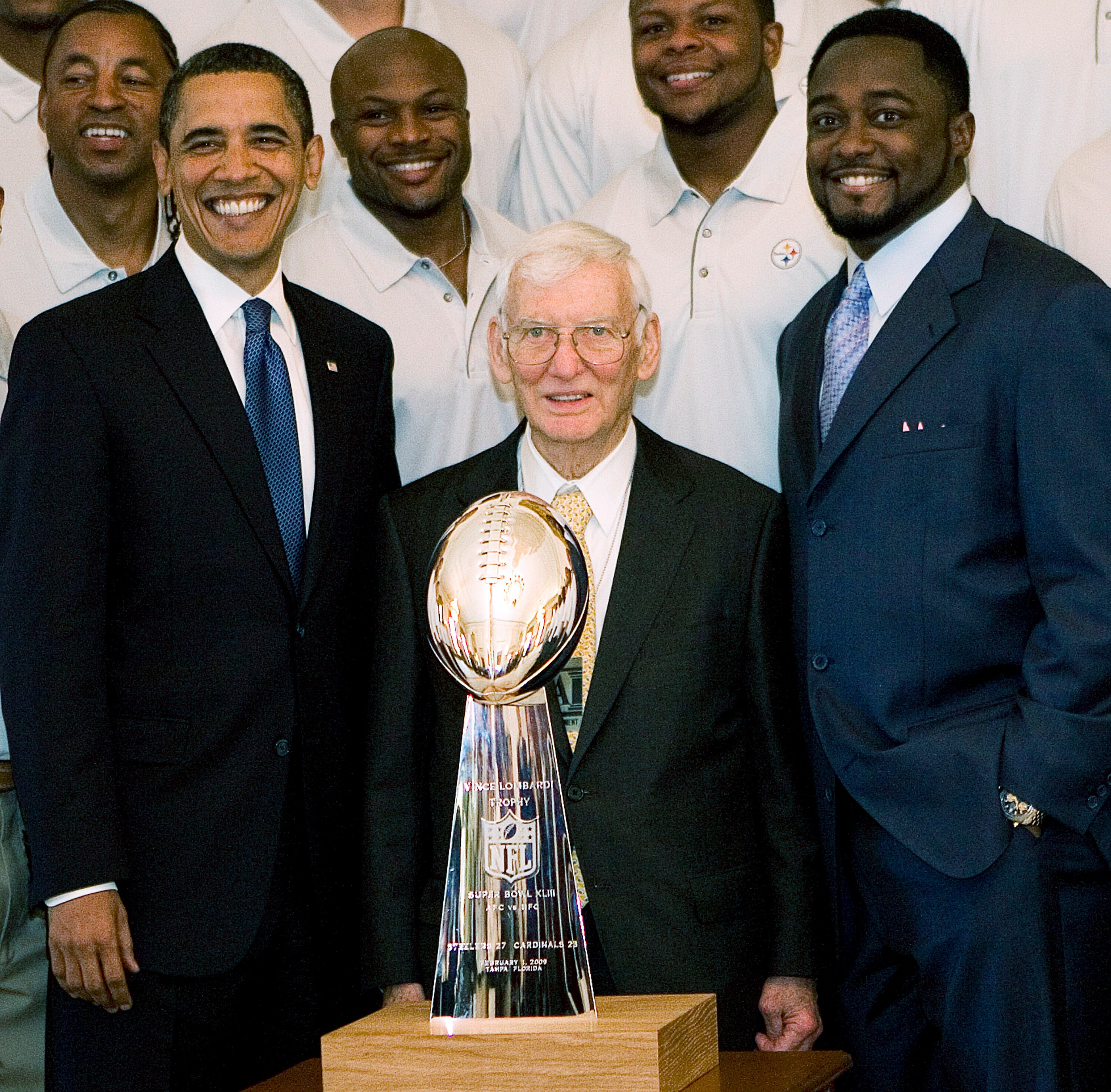 WASHINGTON - MAY 21: U.S. President Barack Obama (L) poses with Pittsburgh Steelers Chairman Dan Rooney (C) and Head Coach Mike Tomlin (R) during a picture with the 2009 NFL Super Bowl champion Pittsburgh Steelers in the East Room of the White House May WASHINGTON - MAY 21: U.S. President Barack Obama (L) poses with Pittsburgh Steelers Chairman Dan Rooney (C) and Head Coach Mike Tomlin (R) during a picture with the 2009 NFL Super Bowl champion Pittsburgh Steelers in the East Room of the White House May