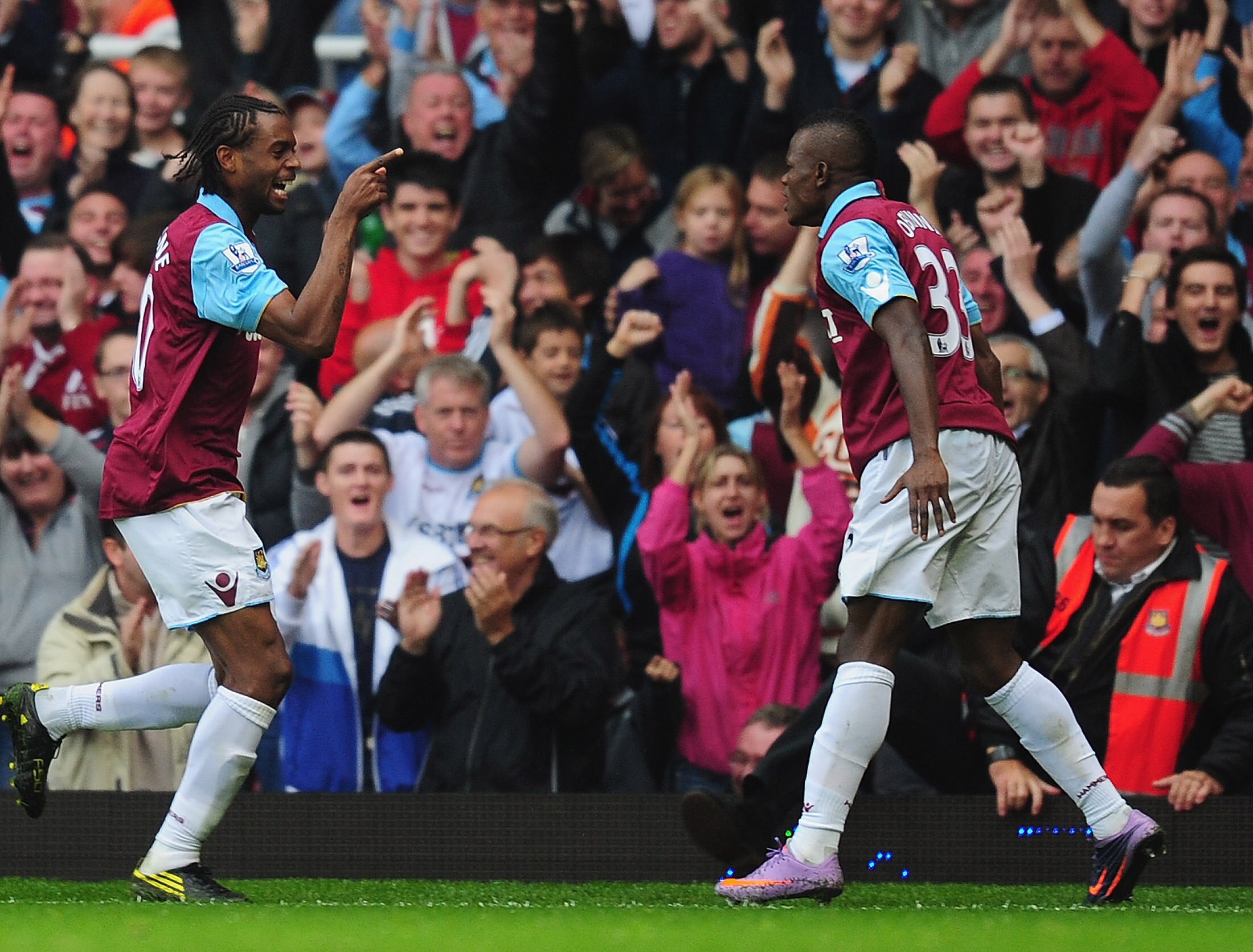 LONDON, ENGLAND - OCTOBER 02: Frederic Piquionne (L) of West Ham celebrates with team mate Victor Obinna after equalising during the Barclays Premier League match between West Ham United and Fulham at Boleyn Ground on October 2, 2010 in London, England. LONDON, ENGLAND - OCTOBER 02: Frederic Piquionne (L) of West Ham celebrates with team mate Victor Obinna after equalising during the Barclays Premier League match between West Ham United and Fulham at Boleyn Ground on October 2, 2010 in London, England.