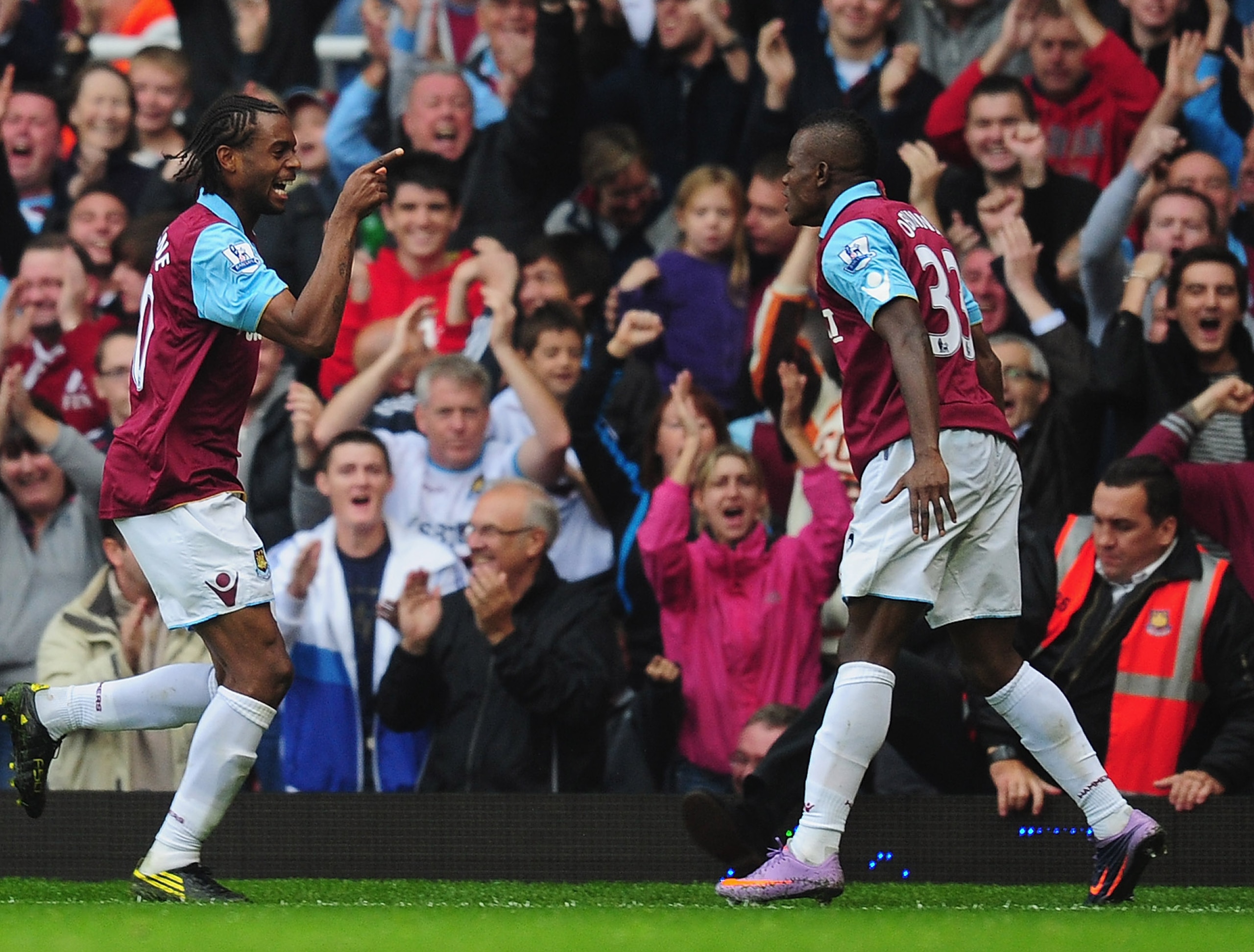LONDON, ENGLAND - OCTOBER 02:  Frederic Piquionne (L) of West Ham celebrates with team mate Victor Obinna after equalising during the Barclays Premier League match between West Ham United and Fulham at Boleyn Ground on October 2, 2010 in London, England. 