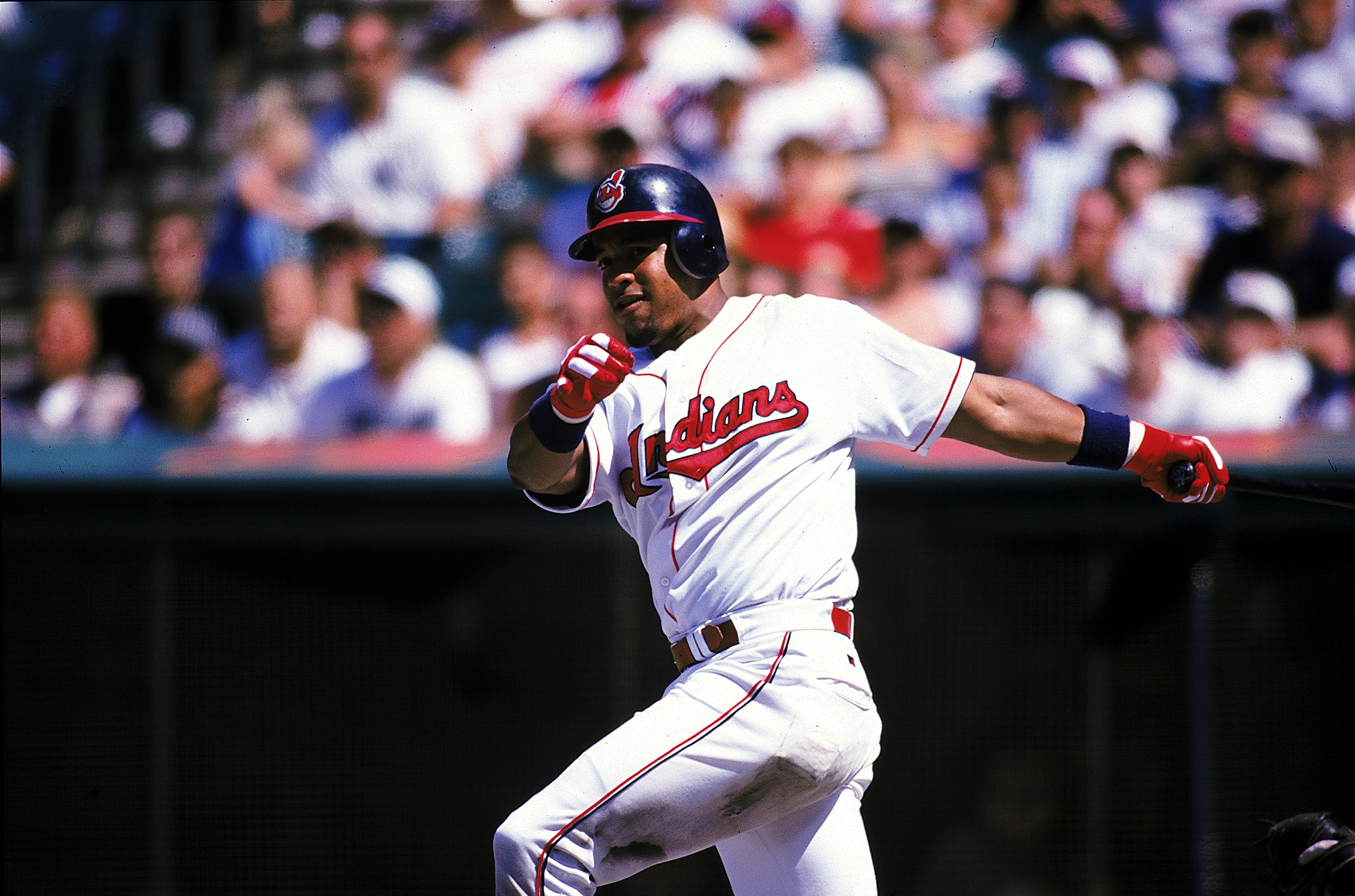 Manny Ramirez #24 of the Cleveland Indians swings at the ball during the game against the Chicago White Sox at the Jacobs Field in Cleveland, Ohio. The White Sox defeated the Indians 3-6.