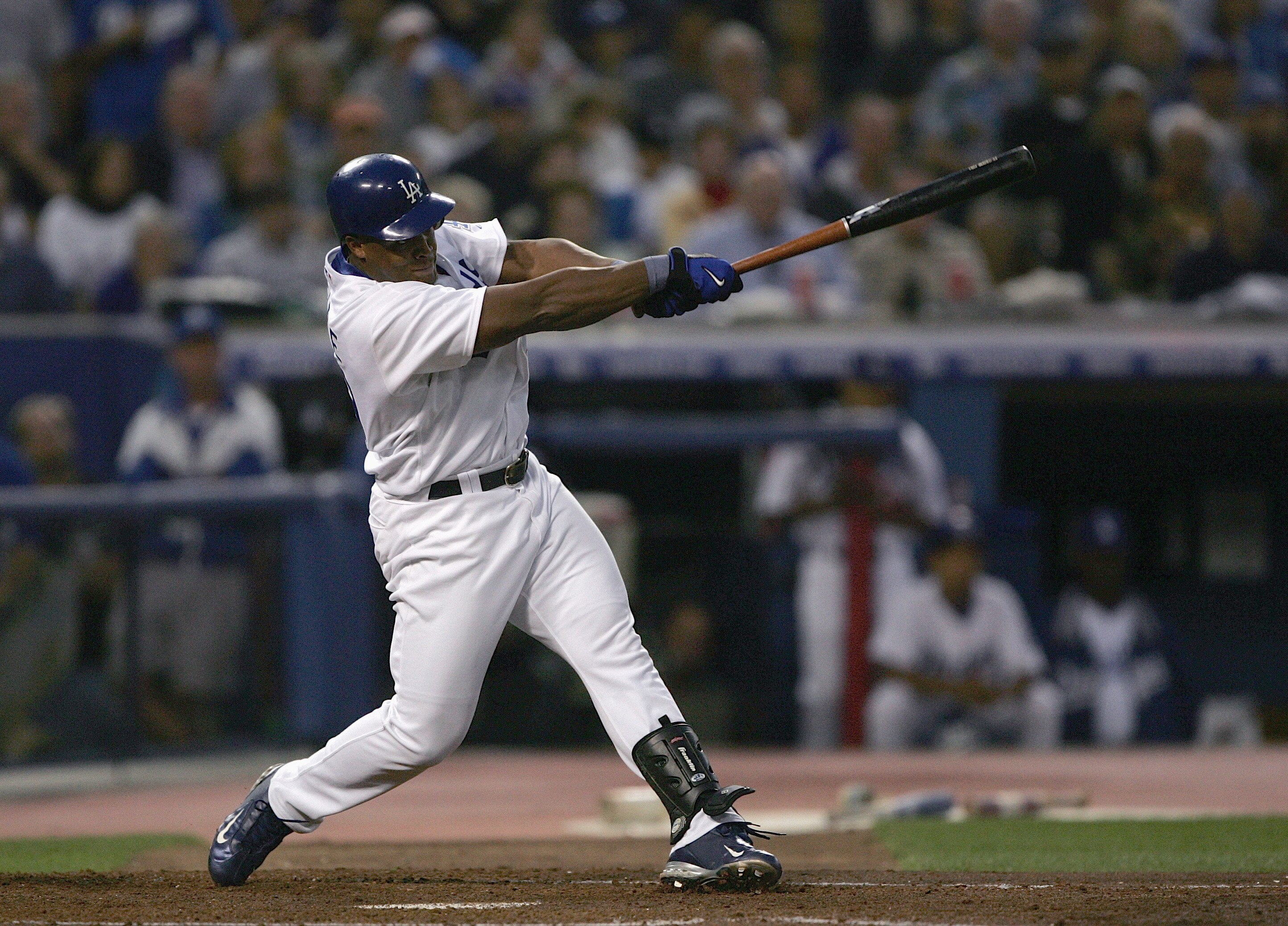 LOSANGELES - OCTOBER 10:  Third baseman Adrian Beltre #29 of the Los Angeles Dodgers takes a swing during the National League Division Series with the St. Louis Cardinals, Game Four on October 10, 2004 at Dodger Stadium in Los Angeles, California. The Car