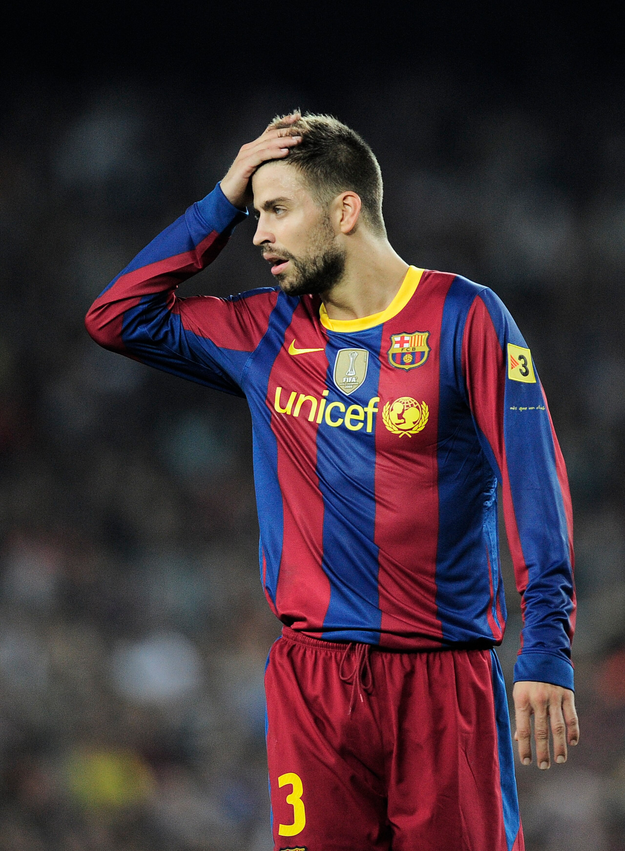 BARCELONA, SPAIN - OCTOBER 03:  Gerard Pique of Barcelona reacts during the La Liga match between Barcelona and Mallorca at the Camp Nou stadium on October 3, 2010 in Barcelona, Spain. The match ended 1-1 draw. (Photo by David Ramos/Getty Images)