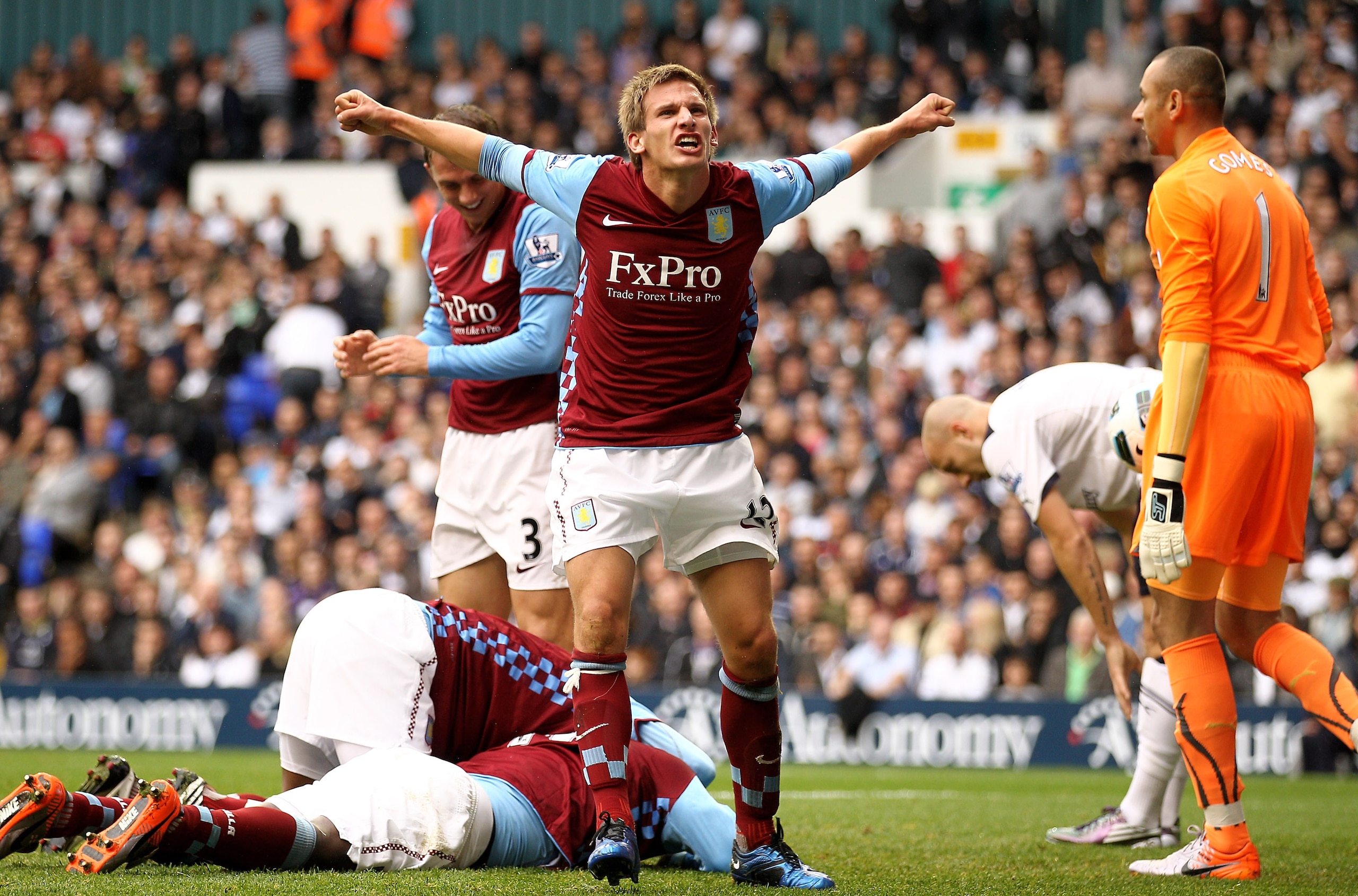 LONDON, ENGLAND - OCTOBER 02:  Marc Albrighton of Aston Villa celebrates scoring the opening goal during the Barclays Premier League match between Tottenham Hotspur and Aston Villa at White Hart Lane on October 2, 2010 in London, England.  (Photo by Paul 