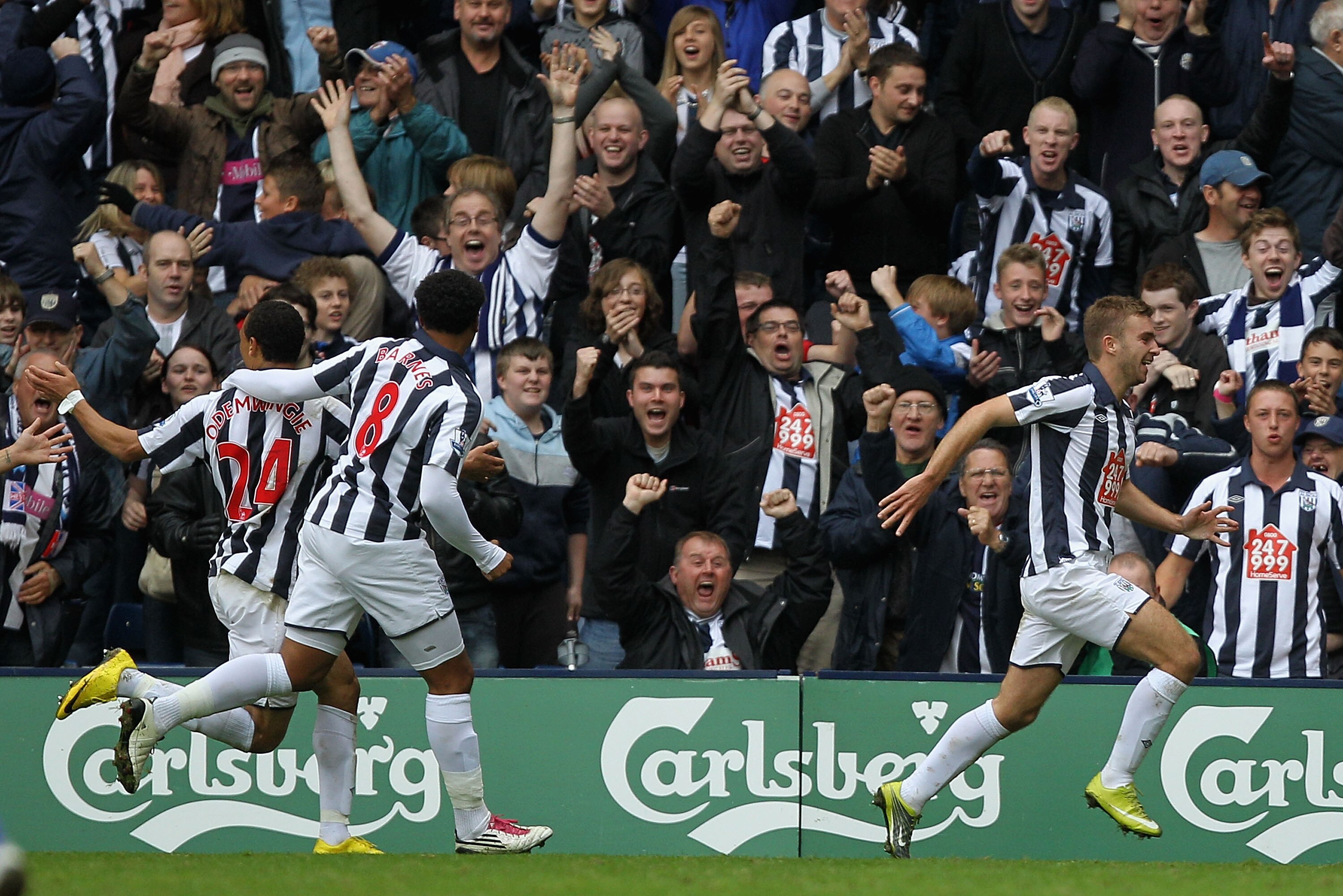 WEST BROMWICH, ENGLAND - OCTOBER 02: James Morrison (R) of West Bromwich celebrates his goal during the Barclays Premier League match between West Bromwich Albion and Bolton Wanderers at The Hawthorns on October 2, 2010 in West Bromwich, England. (Photo WEST BROMWICH, ENGLAND - OCTOBER 02: James Morrison (R) of West Bromwich celebrates his goal during the Barclays Premier League match between West Bromwich Albion and Bolton Wanderers at The Hawthorns on October 2, 2010 in West Bromwich, England. (Photo