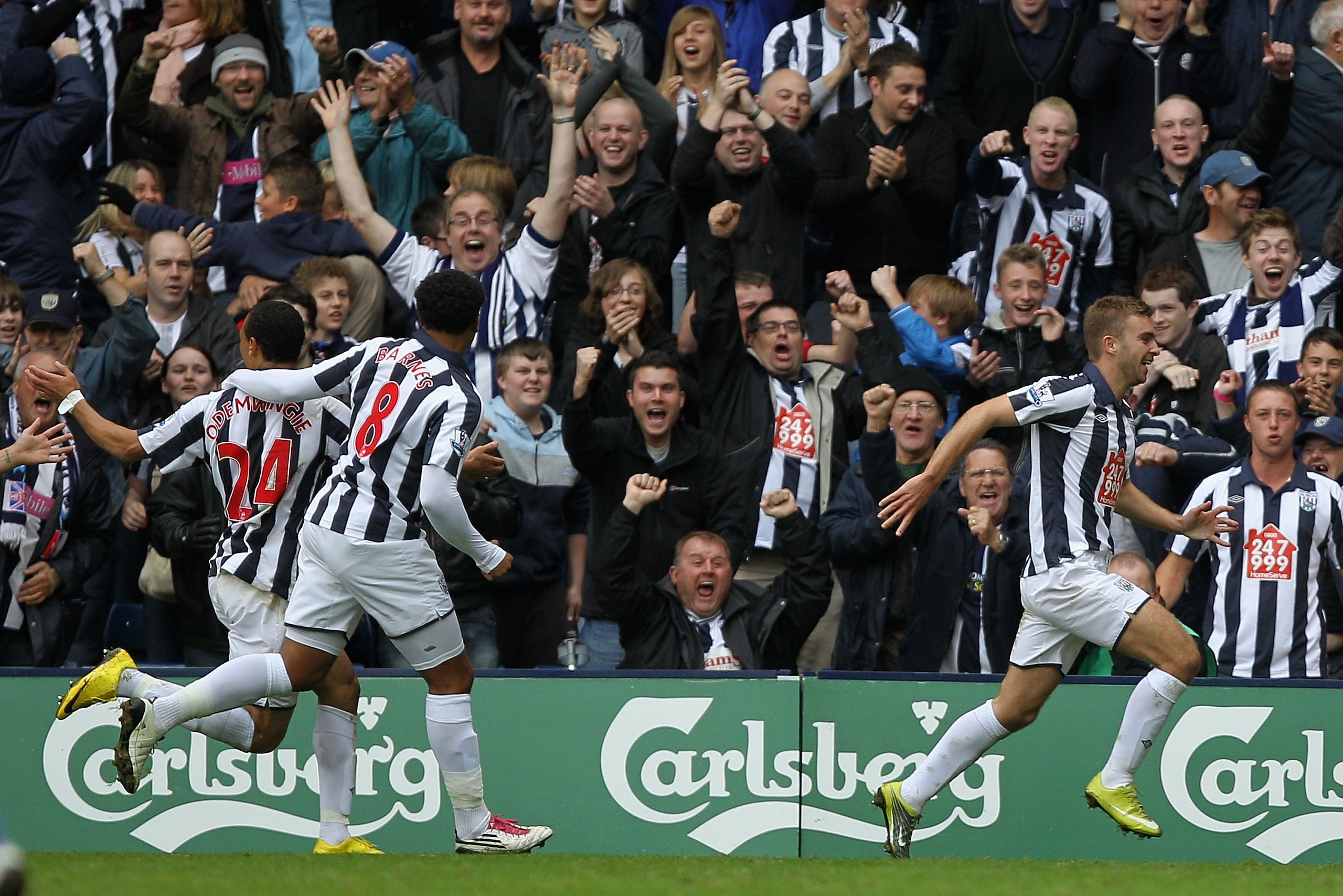 WEST BROMWICH, ENGLAND - OCTOBER 02:  James Morrison (R) of West Bromwich celebrates his goal during the Barclays Premier League match between West Bromwich Albion and Bolton Wanderers at The Hawthorns on October 2, 2010 in West Bromwich, England.  (Photo