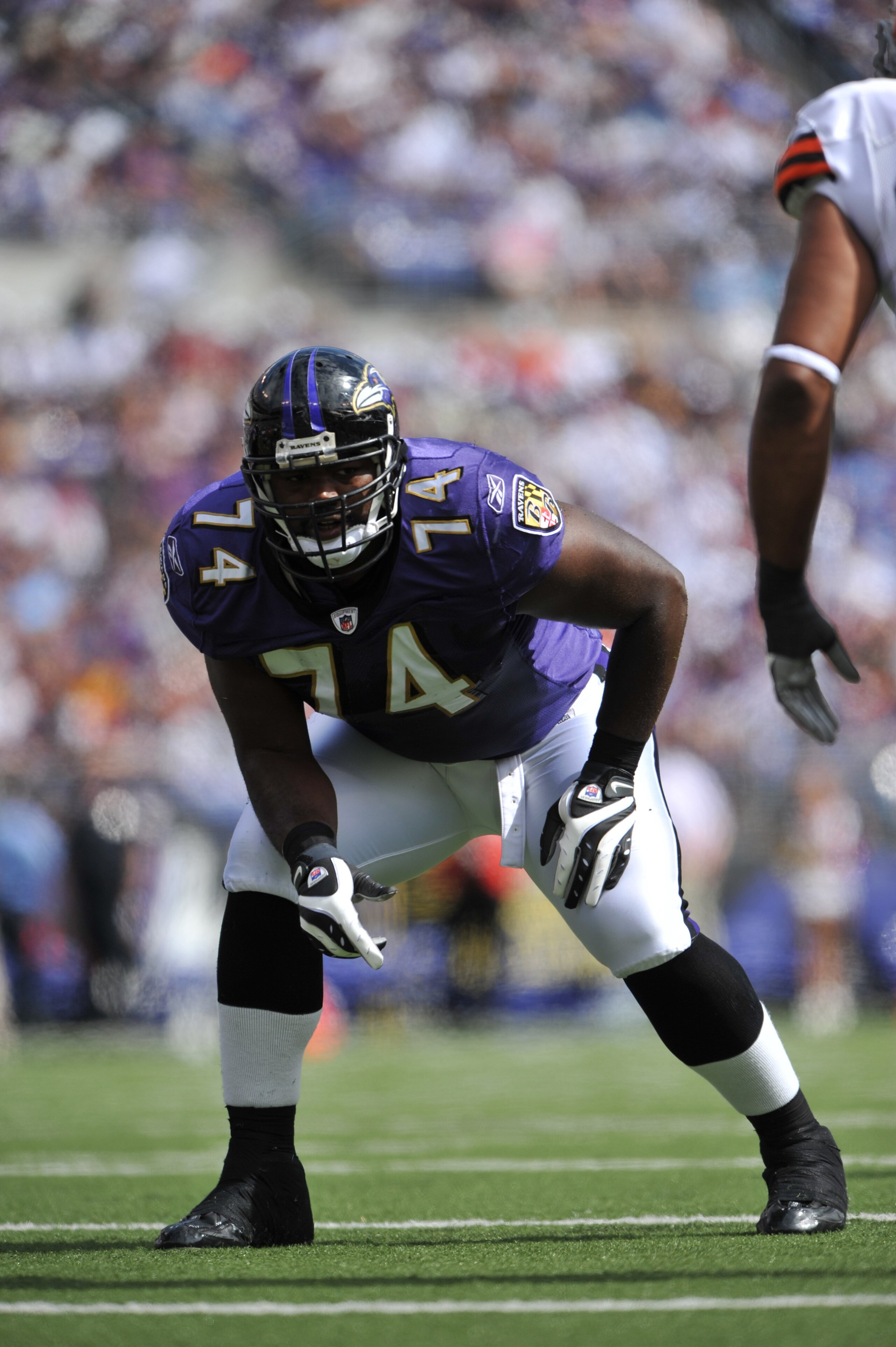 BALTIMORE - SEPTEMBER 27:  Michael Oher #74 of the Baltimore Ravens defends against the Cleveland Browns at M&T Bank Stadium on September 27, 2009 in Baltimore, Maryland. The Ravens defeated the Browns 34-3. (Photo by Larry French/Getty Images)