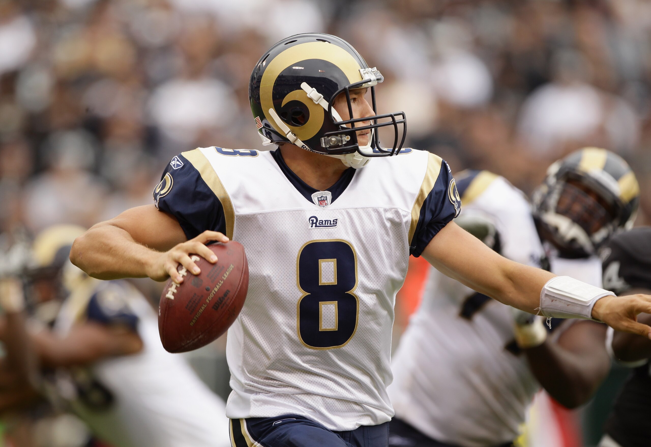 OAKLAND, CA - SEPTEMBER 19: Sam Bradford #8 of the St. Louis Rams in action during their game against the Oakland Raiders at the Oakland-Alameda County Coliseum on September 19, 2010 in Oakland, California. (Photo by Ezra Shaw/Getty Images) OAKLAND, CA - SEPTEMBER 19: Sam Bradford #8 of the St. Louis Rams in action during their game against the Oakland Raiders at the Oakland-Alameda County Coliseum on September 19, 2010 in Oakland, California. (Photo by Ezra Shaw/Getty Images)