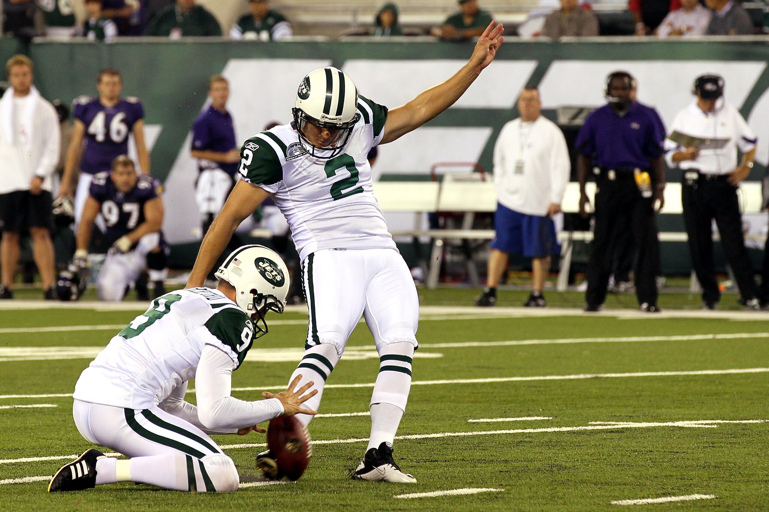 EAST RUTHERFORD, NJ - SEPTEMBER 13: Nick Folk #2 of the New York Jets kicks a field goal against the Baltimore Ravens during their home opener at the New Meadowlands Stadium on September 13, 2010 in East Rutherford, New Jersey. (Photo by Jim McIsaac/Get EAST RUTHERFORD, NJ - SEPTEMBER 13: Nick Folk #2 of the New York Jets kicks a field goal against the Baltimore Ravens during their home opener at the New Meadowlands Stadium on September 13, 2010 in East Rutherford, New Jersey. (Photo by Jim McIsaac/Get