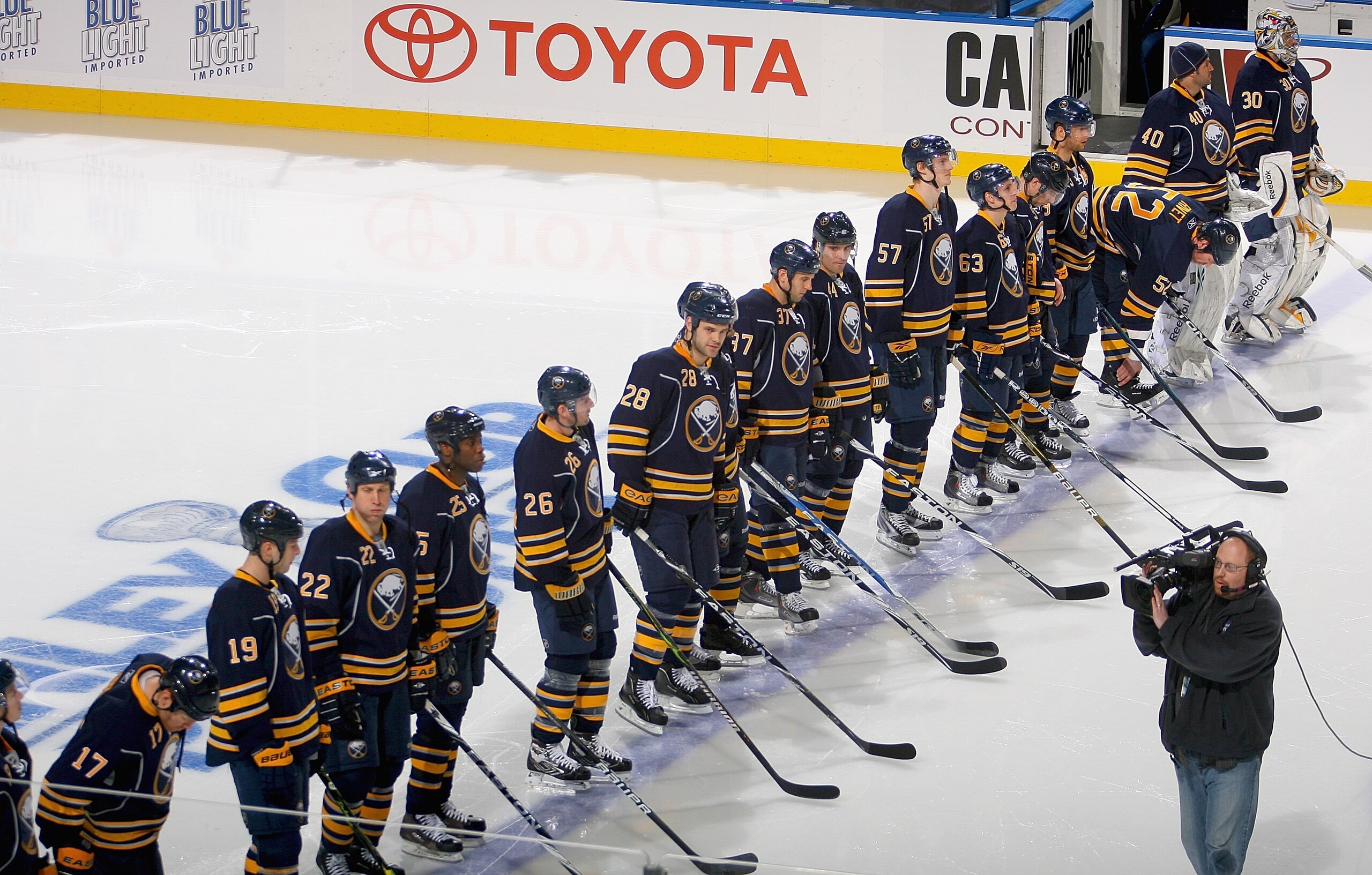 BUFFALO, NY - APRIL 15: Players of the Buffalo Sabres line up for introductions prior to playing the Boston Bruins in Game One of the Eastern Conference Quarterfinals during the 2010 NHL Stanley Cup Playoffs at HSBC Arena on April 15, 2010 in Buffalo, New