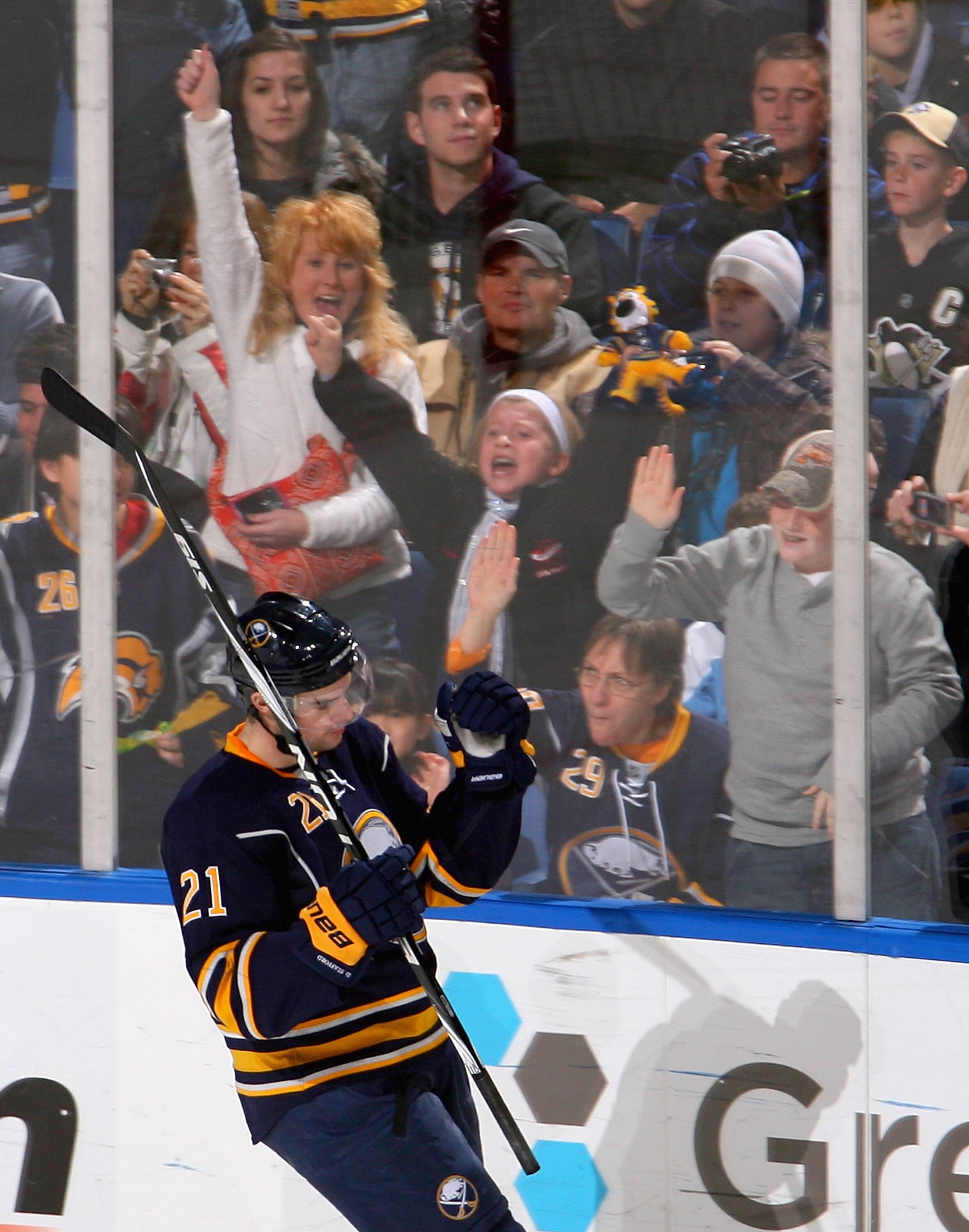 BUFFALO, NY - DECEMBER 29: Drew Stafford #21  of the Buffalo Sabres reacts after scoring on a penalty shot in the second period against the Pittsburgh Penguins at HSBC Arena on December 29, 2009 in Buffalo, New York.  (Photo by Rick Stewart/Getty Images)
