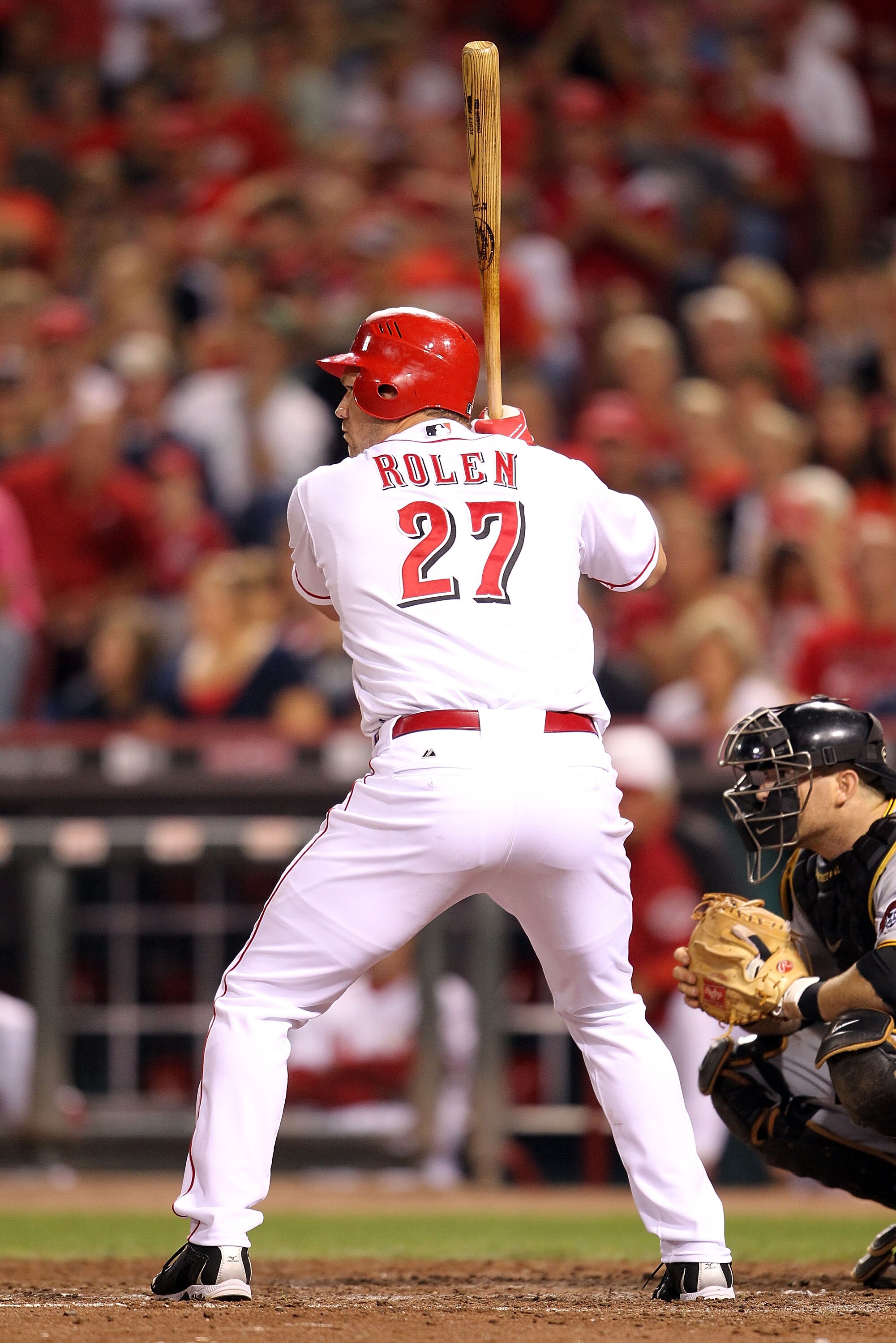 CINCINNATI - SEPTEMBER 11:  Scott Rolen #27 of the Cincinnati Reds is at bat during the game against the Pittsburg Pirates at Great American Ball Park on September 11, 2010 in Cincinnati, Ohio.  (Photo by Andy Lyons/Getty Images)