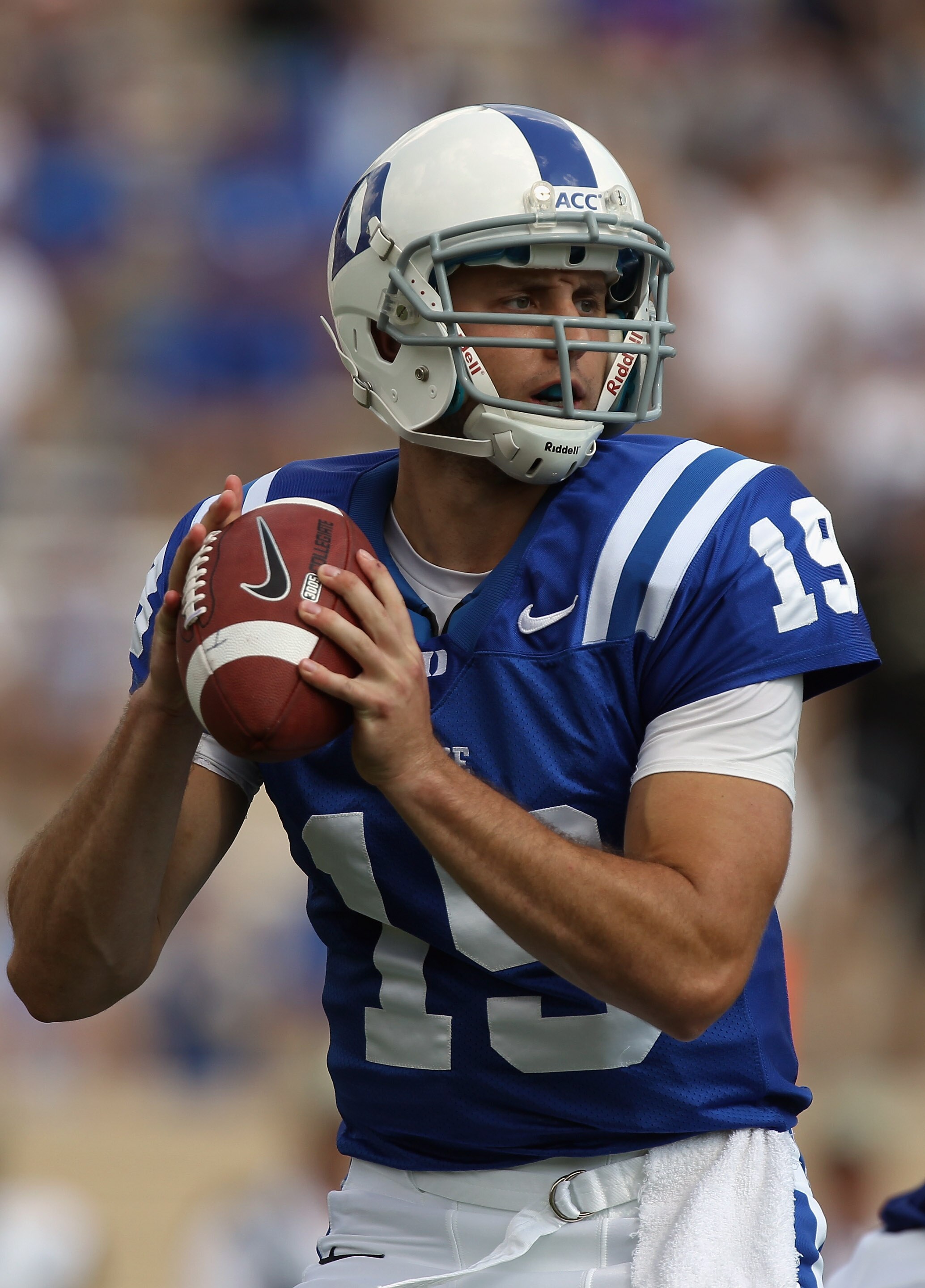 DURHAM, NC - SEPTEMBER 25:  Sean Renfree #19 of the Duke Blue Devils drops back to throw a pass against the Army Black Knights during their game at Wallace Wade Stadium on September 25, 2010 in Durham, North Carolina.  (Photo by Streeter Lecka/Getty Image
