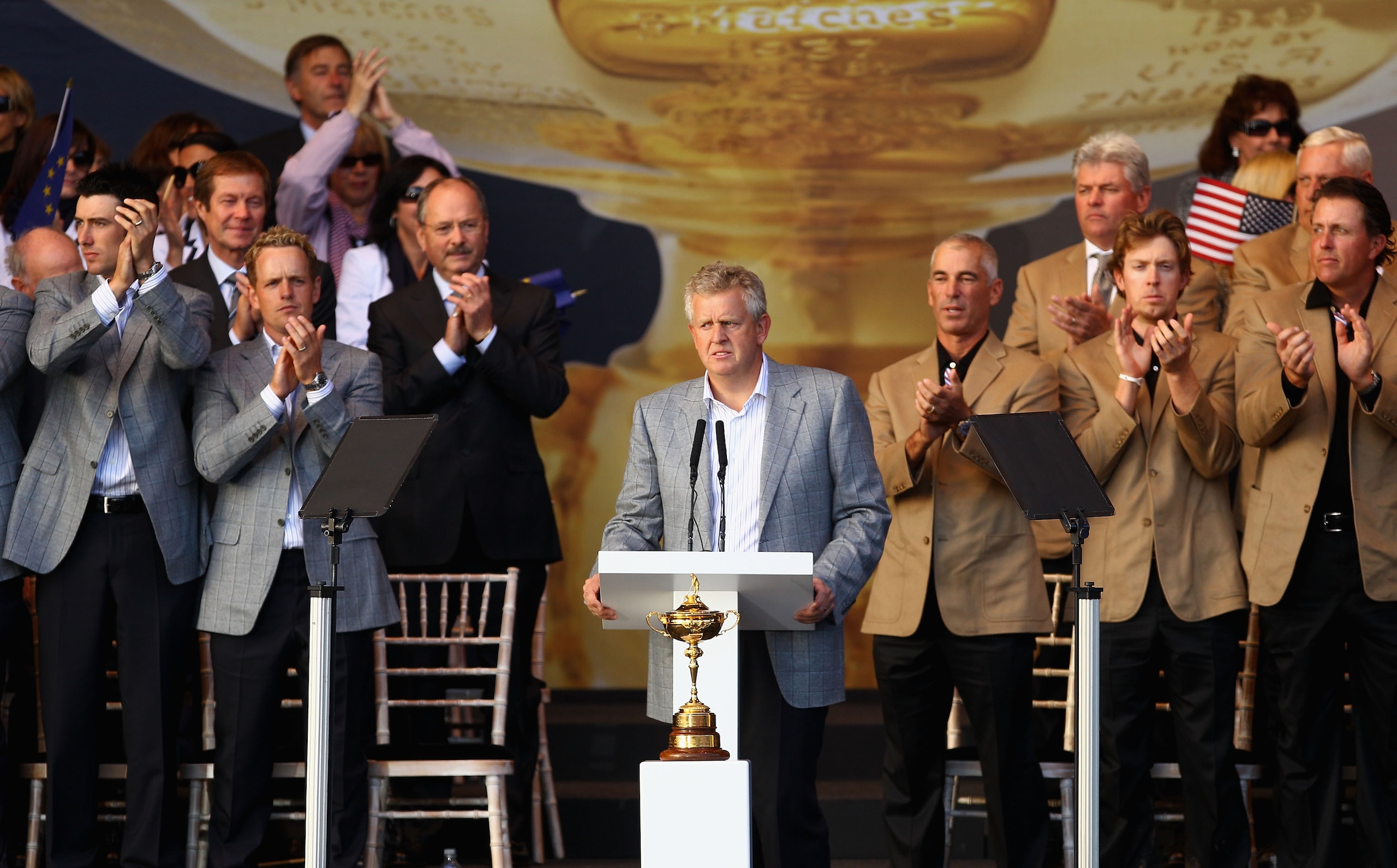 NEWPORT, WALES - OCTOBER 04: European Team Captain Colin Montgomerie speaks at the closing cermonies following Europe's 14.5 to 13.5 victory over the USA at the 2010 Ryder Cup at the Celtic Manor Resort on October 4, 2010 in Newport, Wales. (Photo by Ri NEWPORT, WALES - OCTOBER 04: European Team Captain Colin Montgomerie speaks at the closing cermonies following Europe's 14.5 to 13.5 victory over the USA at the 2010 Ryder Cup at the Celtic Manor Resort on October 4, 2010 in Newport, Wales. (Photo by Ri