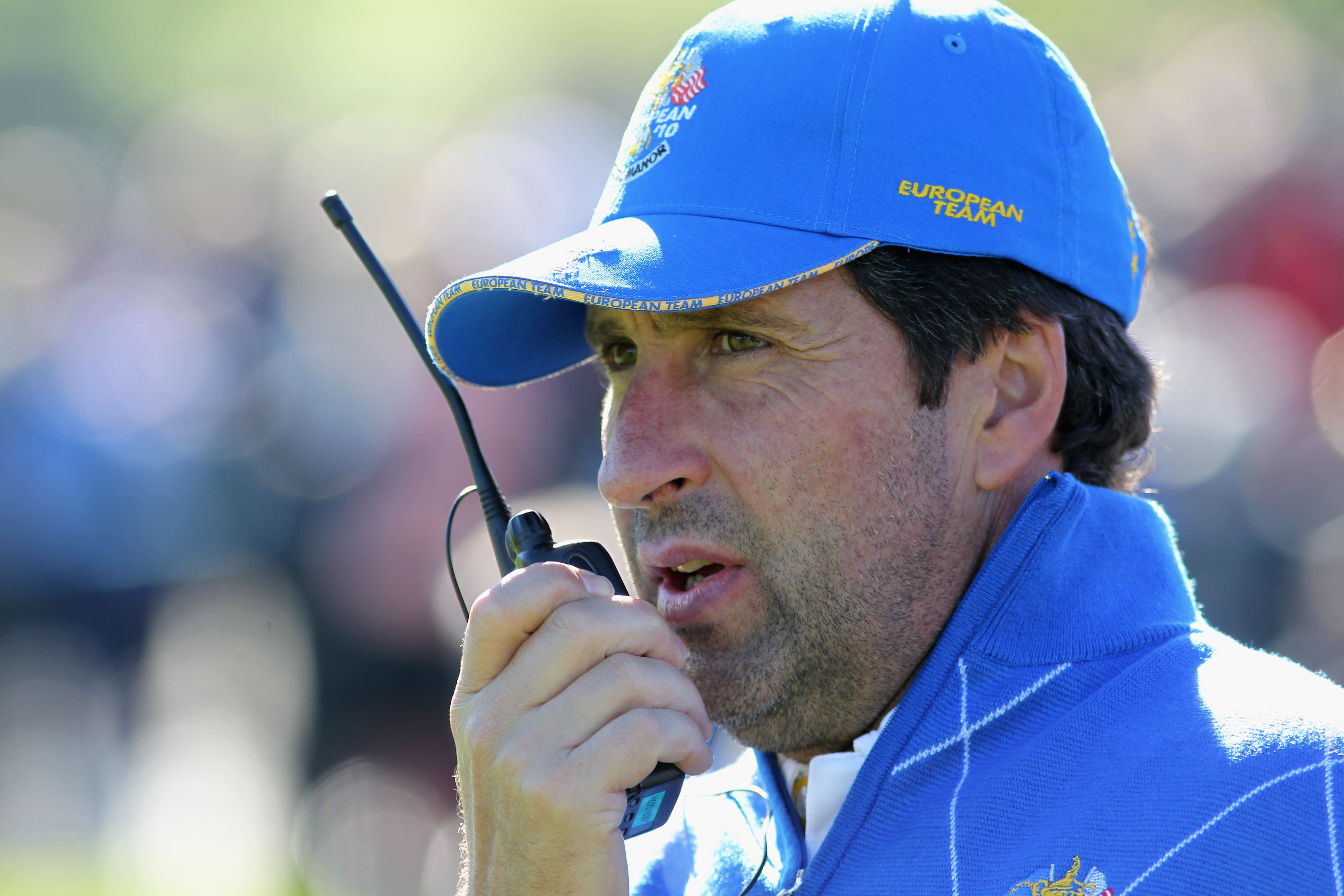 NEWPORT, WALES - OCTOBER 04:  Europe Vice Captain Jose-Maria Olazabal talks on a radio in the singles matches during the 2010 Ryder Cup at the Celtic Manor Resort on October 4, 2010 in Newport, Wales.  (Photo by Jamie Squire/Getty Images)
