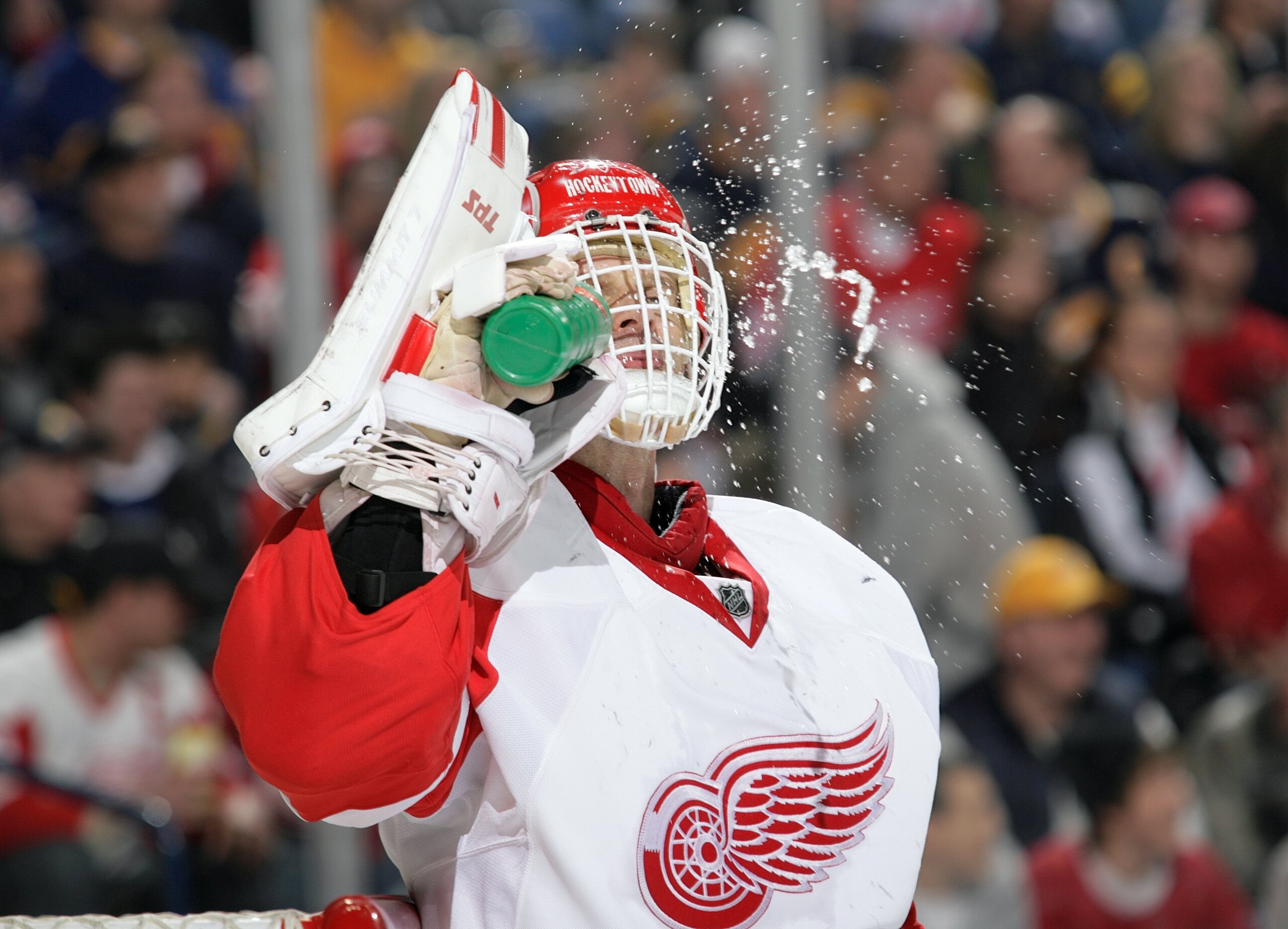 BUFFALO, NY - MARCH 2:  Goaltender Dominik Hasek #39 of the Detroit Red Wings takes in fluids during a break in NHL game action against the Buffalo Sabres on March 2, 2008 at HSBC Arena in Buffalo, New York. The Red Wings defeated the Sabres 4-2. (Photo b