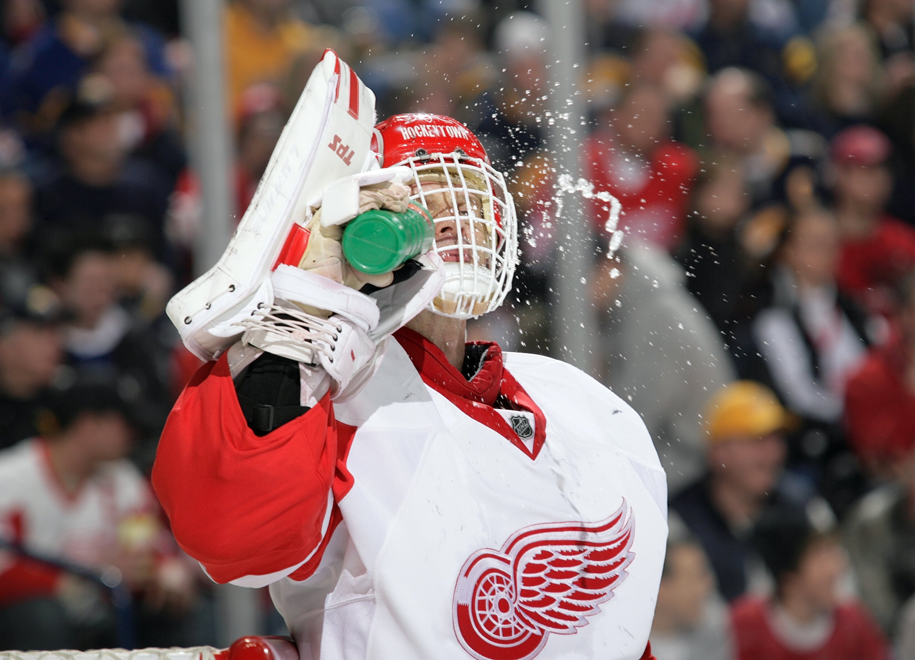 BUFFALO, NY - MARCH 2:  Goaltender Dominik Hasek #39 of the Detroit Red Wings takes in fluids during a break in NHL game action against the Buffalo Sabres on March 2, 2008 at HSBC Arena in Buffalo, New York. The Red Wings defeated the Sabres 4-2. (Photo b