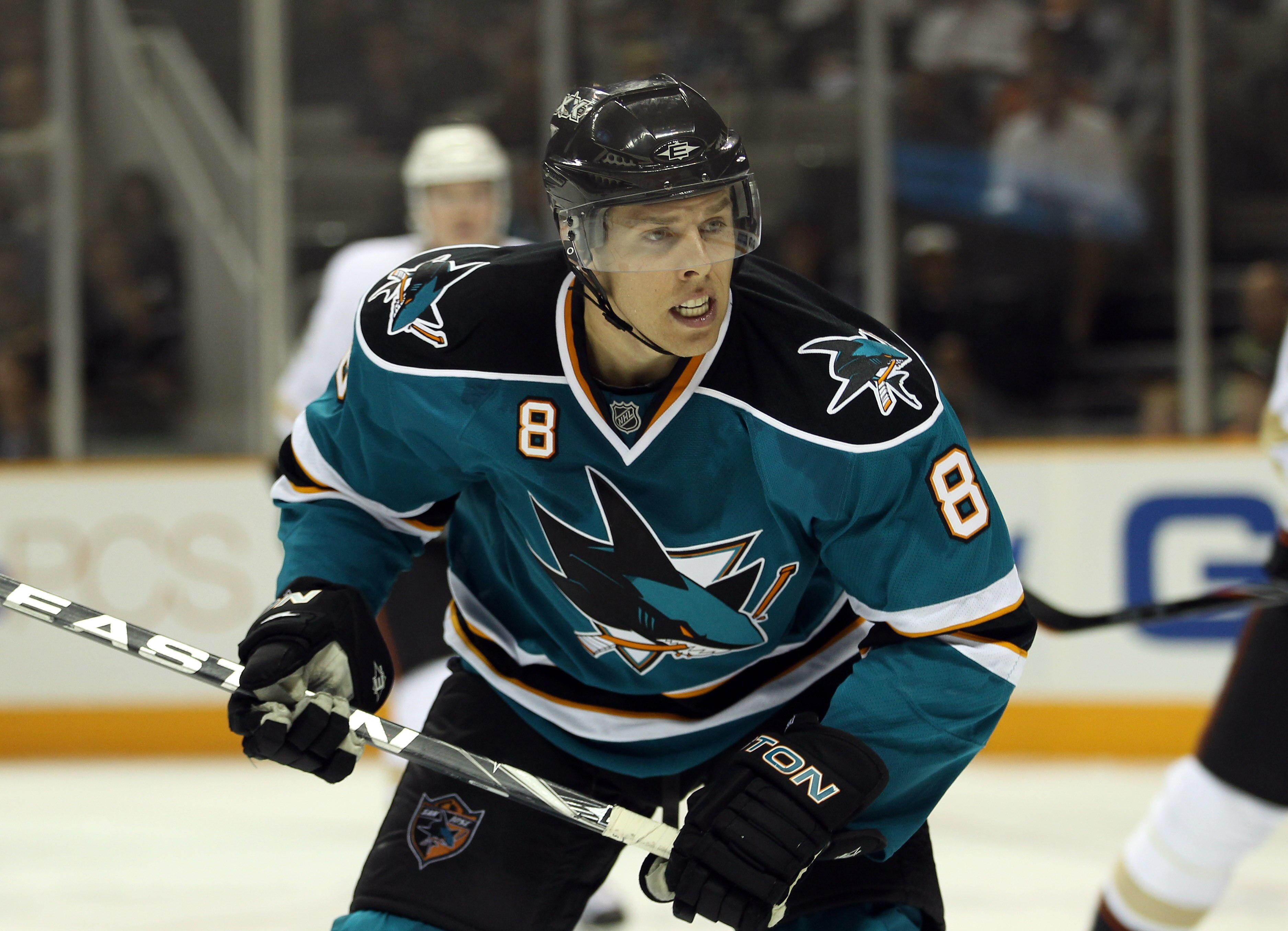 SAN JOSE, CA - SEPTEMBER 24:  Joe Pavelski #8 of the San Jose Sharks in action against the Anaheim Ducks during their preseason game at HP Pavilion on September 24, 2010 in San Jose, California.  (Photo by Ezra Shaw/Getty Images)