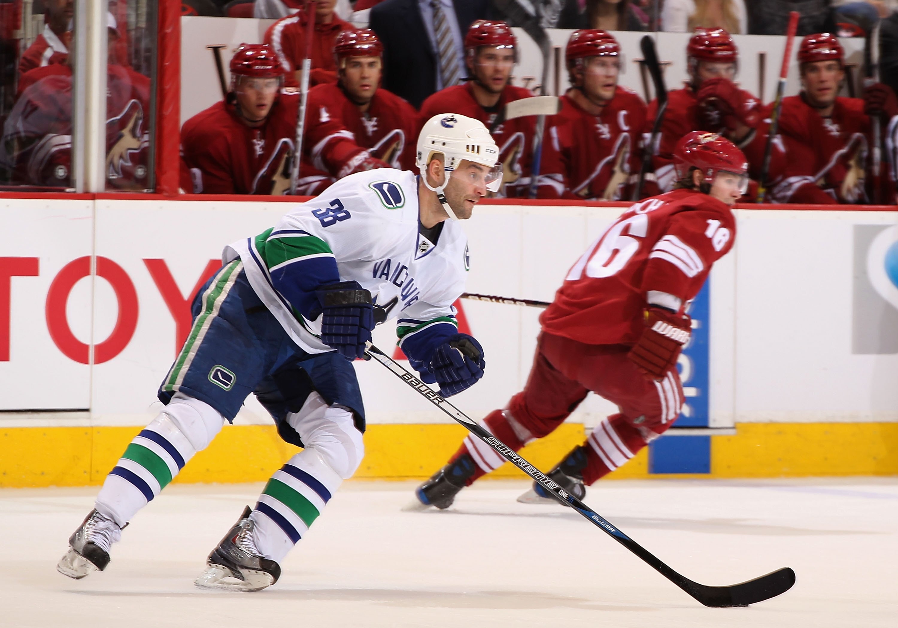 GLENDALE, AZ - MARCH 10:  Pavol Demitra #38 of the Vancouver Canucks skates with the puck during the NHL game against the Phoenix Coyotes at Jobing.com Arena on March 10, 2010 in Glendale, Arizona.  The Coyotes defeated the Canucks 4-3 in an overtime shoo