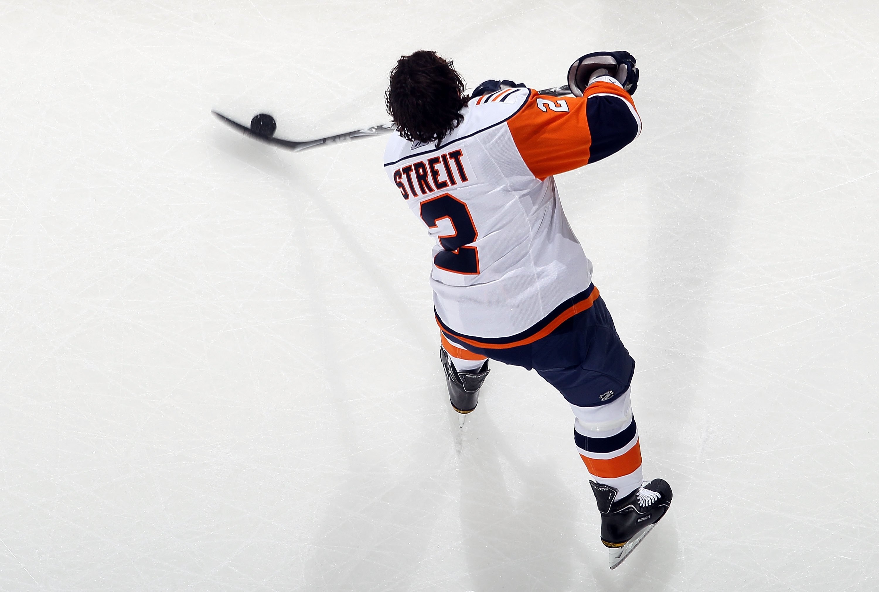 NEWARK, NJ - APRIL 10:  Mark Streit #2 of the New York Islanders warms up before playing against the New Jersey Devils at the Prudential Center on April 10, 2010 in Newark, New Jersey.  (Photo by Jim McIsaac/Getty Images)
