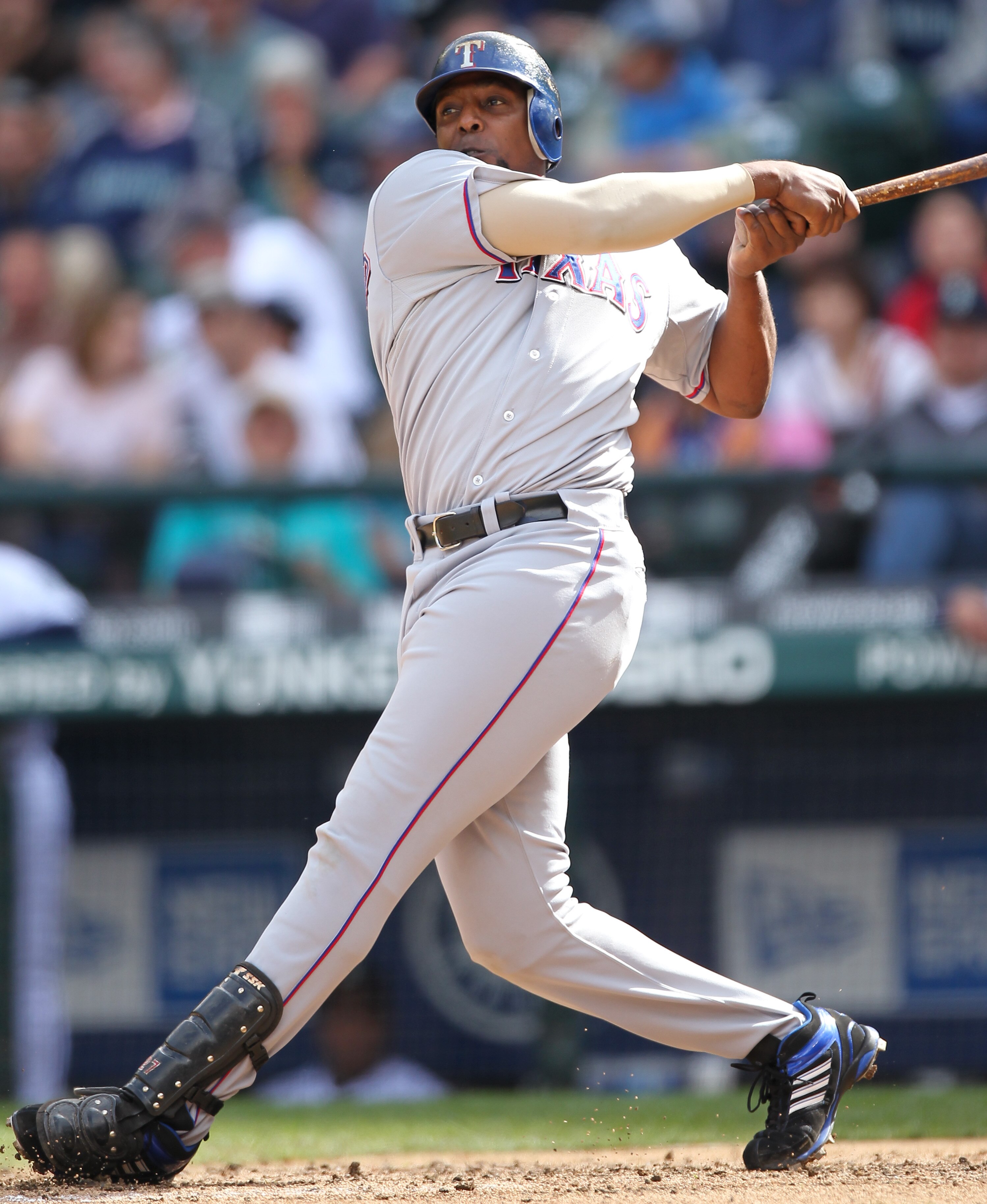 SEATTLE - SEPTEMBER 19:  Vladimir Guerrero #27 of the Texas Rangers bats against the Seattle Mariners at Safeco Field on September 19, 2010 in Seattle, Washington. (Photo by Otto Greule Jr/Getty Images)