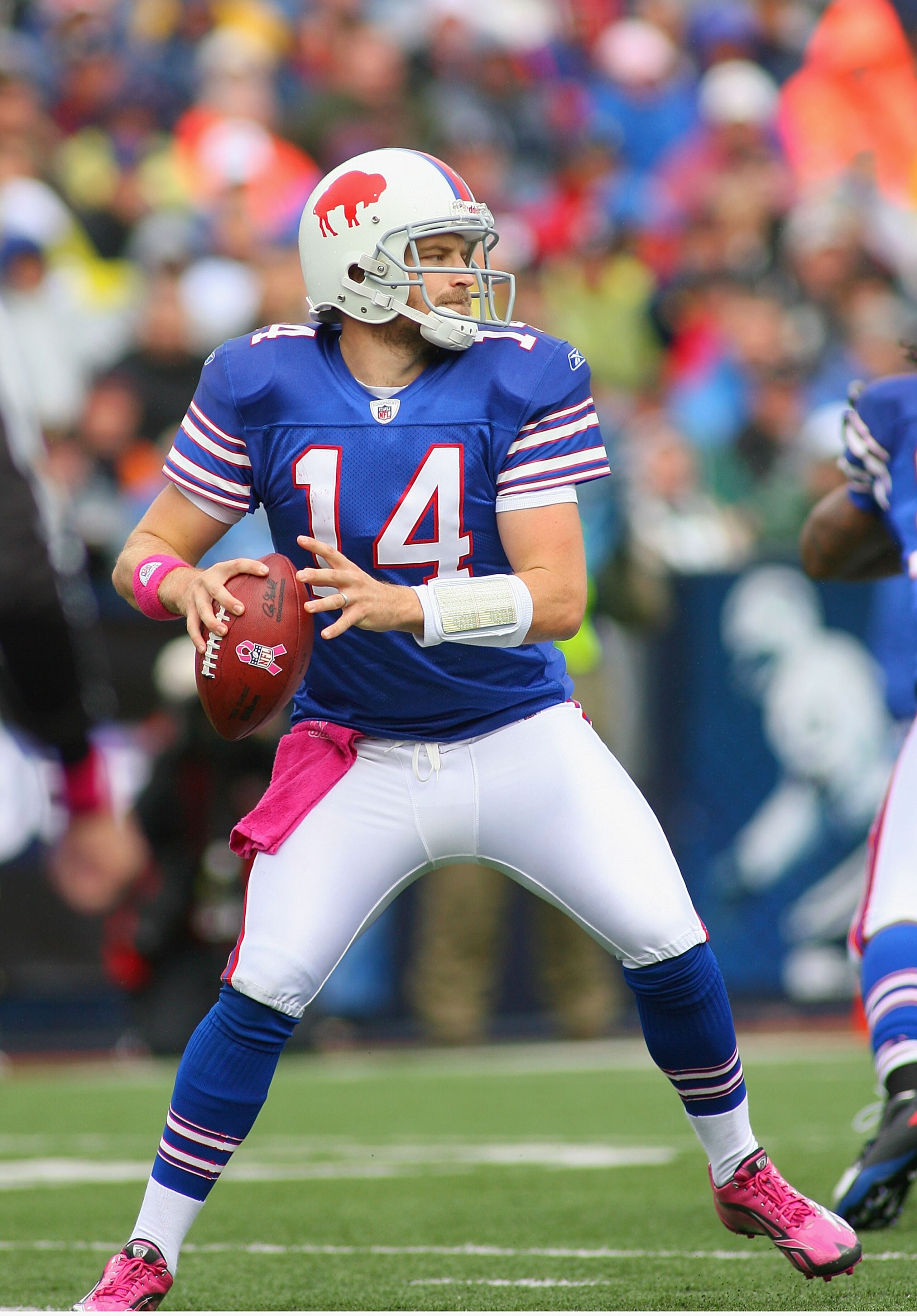 ORCHARD PARK, NY - OCTOBER 03: Ryan Fitzpatrick #14 of the Buffalo Bills readies to pass against the New York Jets at Ralph Wilson Stadium on October 3, 2010 in Orchard Park, New York.  (Photo by Rick Stewart/Getty Images)