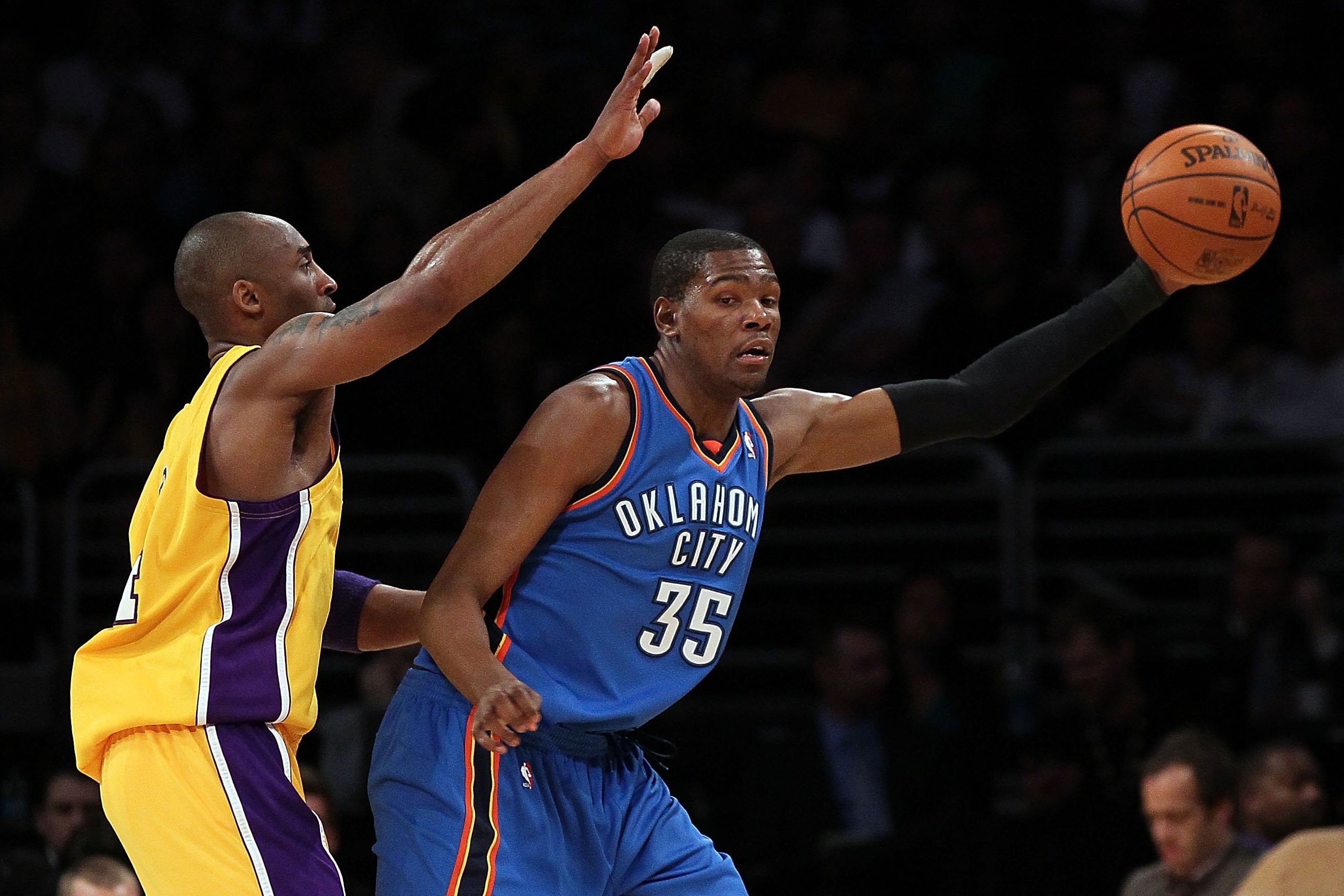 LOS ANGELES, CA - APRIL 27: Kevin Durant #35 of the Oklahoma City Thunder posts up Kobe Bryant #24 of the Los Angeles Lakers during Game Five of the Western Conference Quarterfinals of the 2010 NBA Playoffs at Staples Center on April 27, 2010 in Los Ange LOS ANGELES, CA - APRIL 27: Kevin Durant #35 of the Oklahoma City Thunder posts up Kobe Bryant #24 of the Los Angeles Lakers during Game Five of the Western Conference Quarterfinals of the 2010 NBA Playoffs at Staples Center on April 27, 2010 in Los Ange
