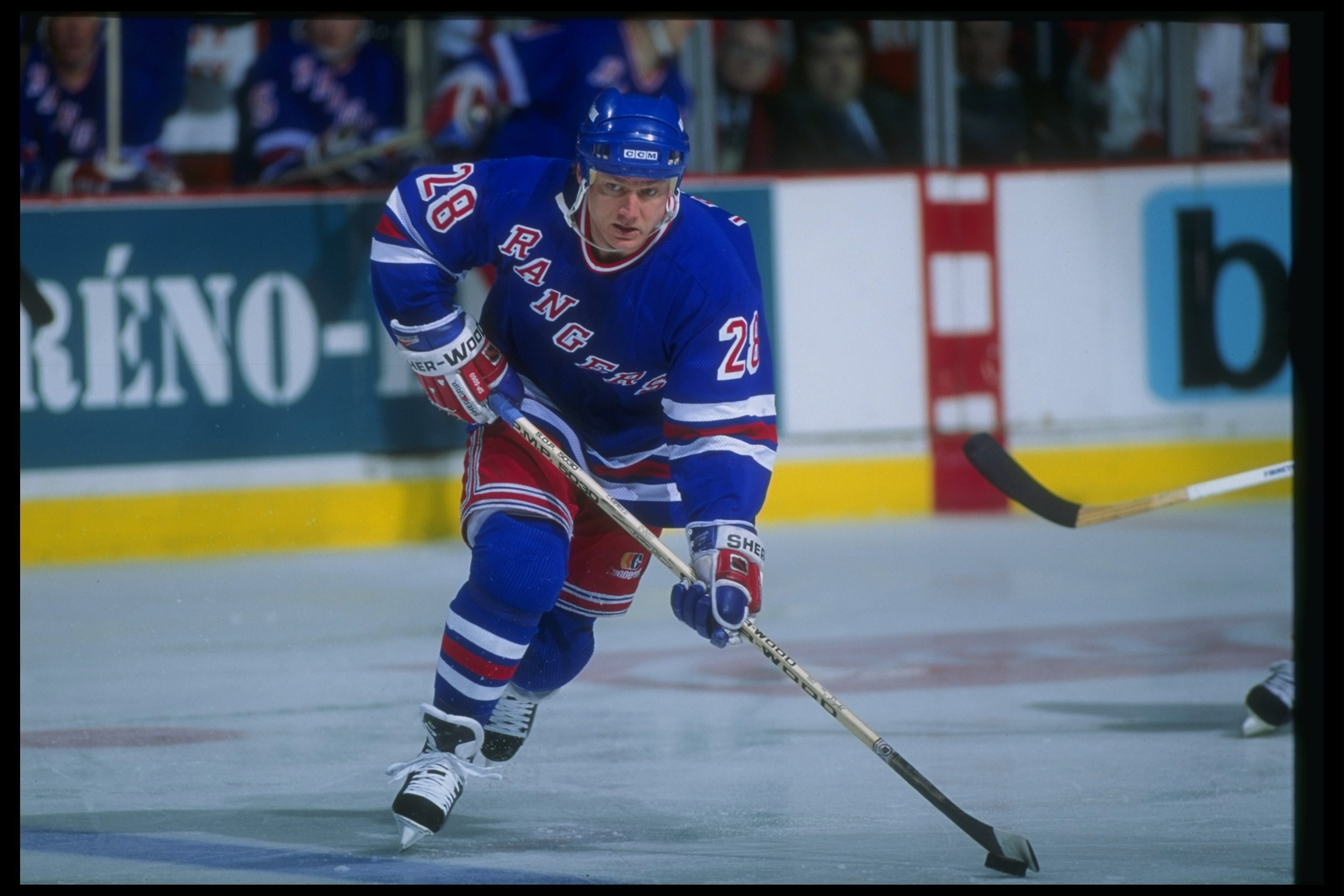 1993-1994:  Steve Larmer of the New York Rangers moves down the ice during a game against the Montreal Canadiens at the Montreal Forum in Montreal, Quebec. Mandatory Credit: Robert Laberge  /Allsport