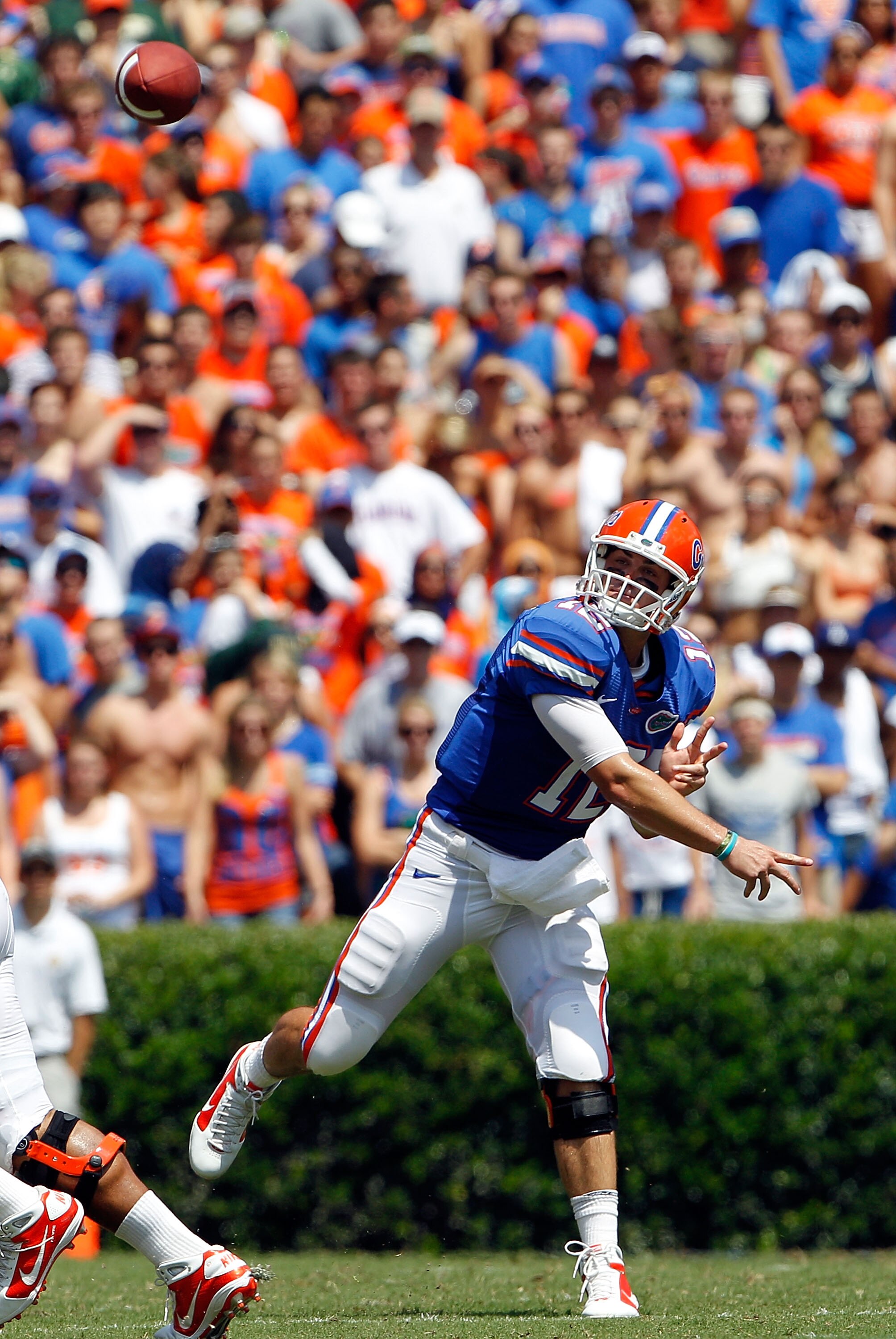 GAINESVILLE, FL - SEPTEMBER 11:  Quarterback John Brantley #12 of the Florida Gators attempts a pass during a game against the South Florida Bulls at Ben Hill Griffin Stadium on September 11, 2010 in Gainesville, Florida.  (Photo by Sam Greenwood/Getty Im