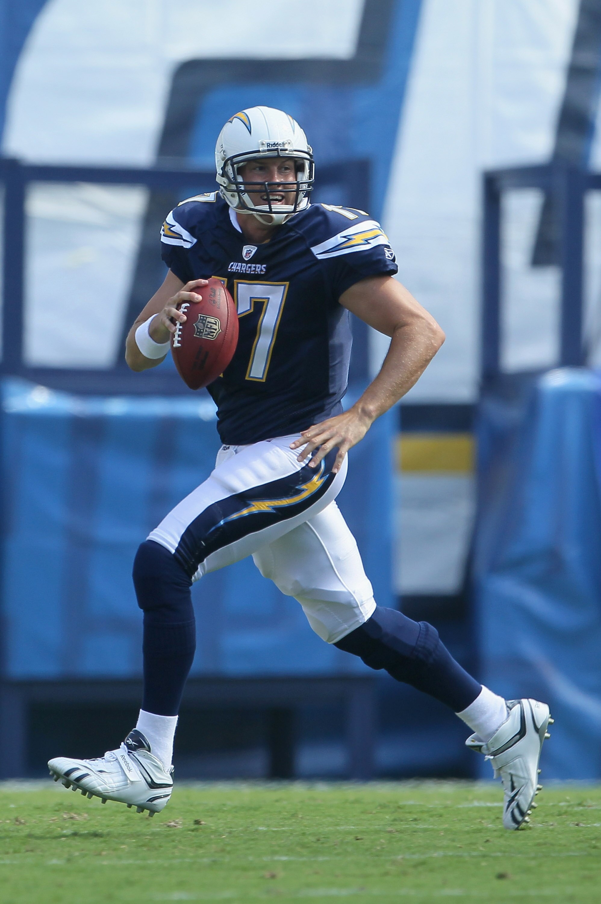 SAN DIEGO - OCTOBER 03:  Quarterback Philip Rivers #17 of the San Diego Chargers looks down field for an open receiver in the second quarter against the Arizona Cardinals at Qualcomm Stadium on October 3, 2010 in San Diego, California. The Chargers defeat