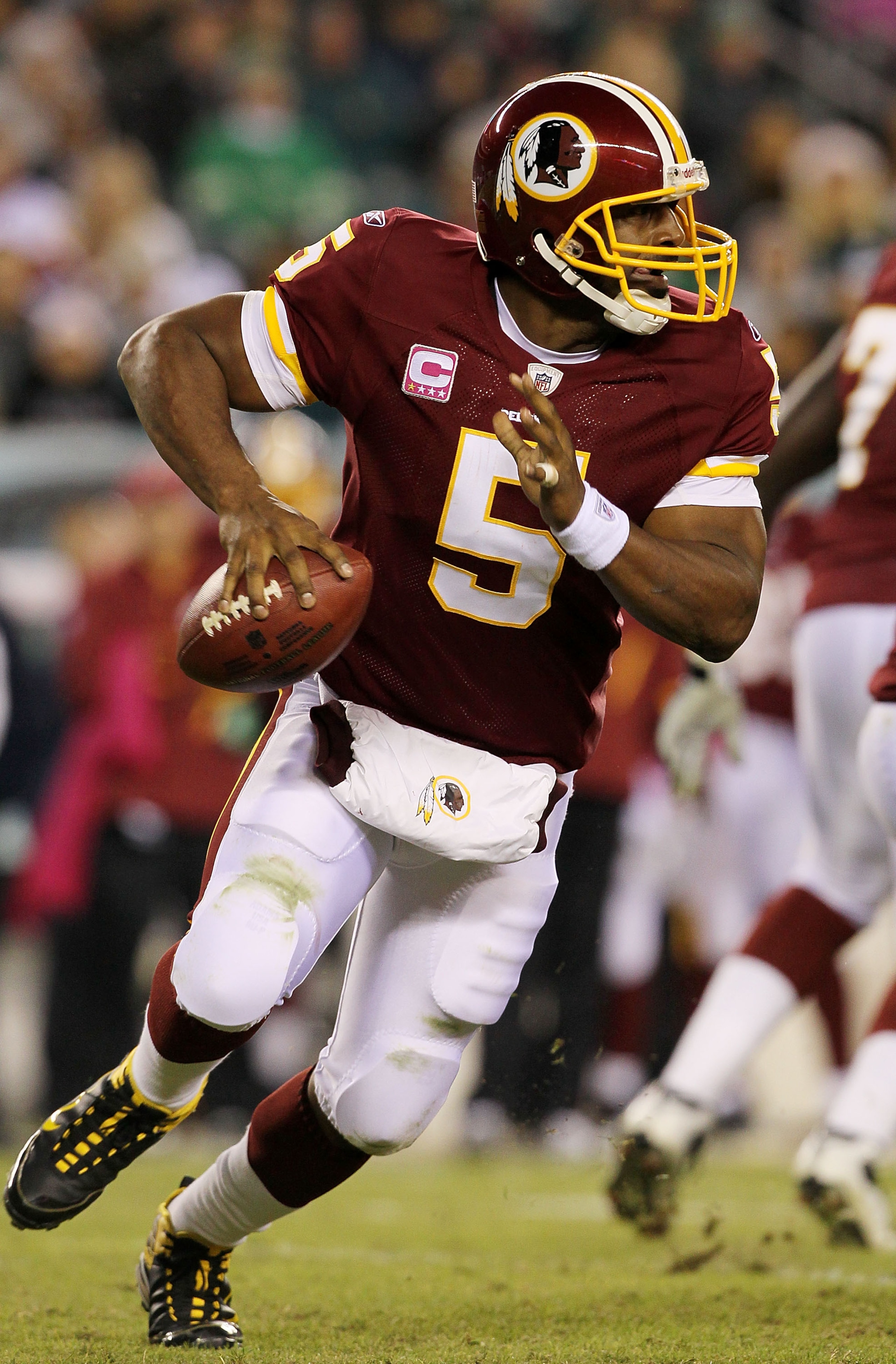 PHILADELPHIA - OCTOBER 03:  Donovan McNabb #5 of the Washington Redskins looks to throw a pass in the second half against the Philadelphia Eagles on October 3, 2010 at Lincoln Financial Field in Philadelphia, Pennsylvania. The Redskins defeated the Eagles