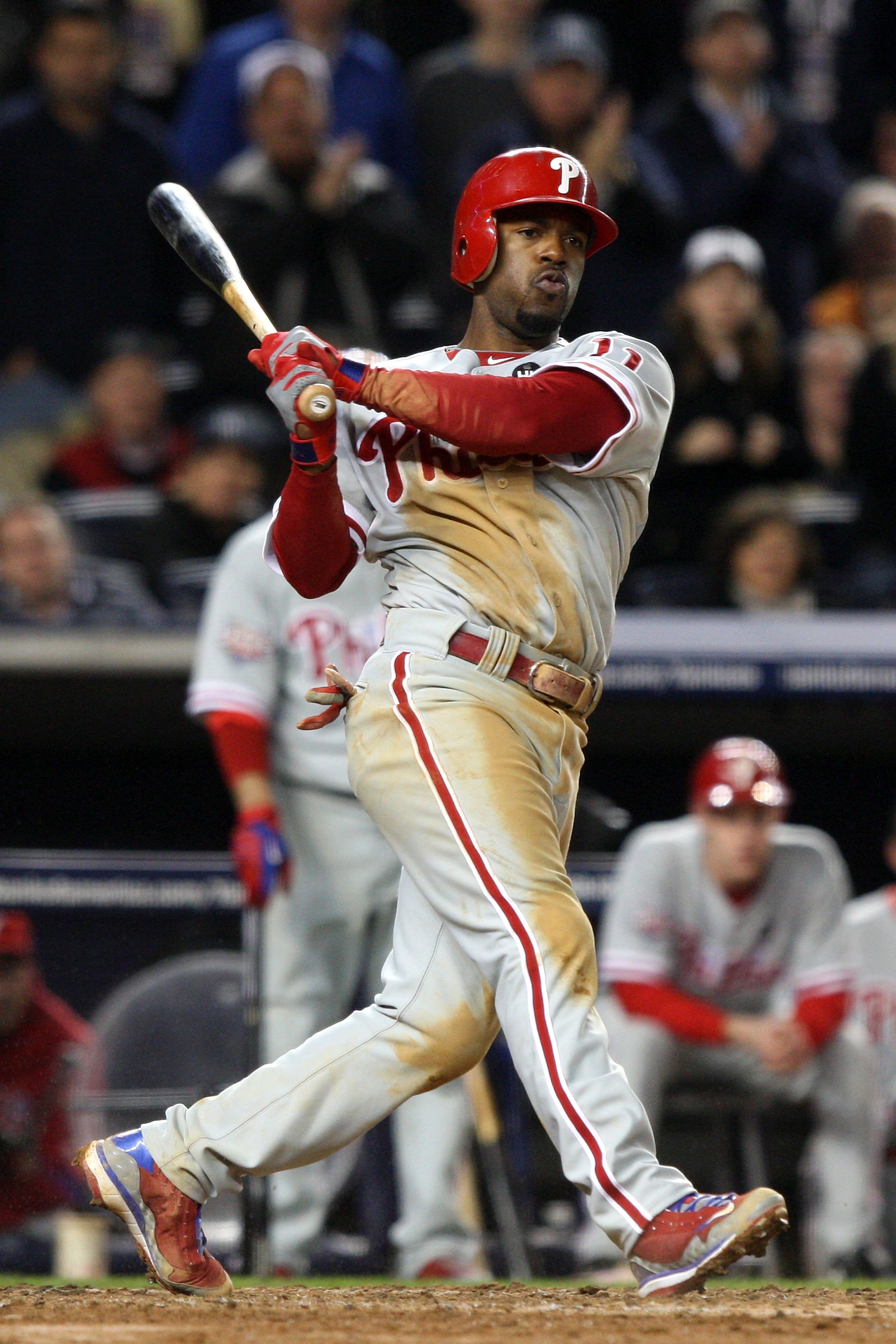 NEW YORK - OCTOBER 29:  Jimmy Rollins #11 of the Philadelphia Phillies bats against the New York Yankees in Game Two of the 2009 MLB World Series at Yankee Stadium on October 29, 2009 in the Bronx borough of New York City. The Yankees won 3-1. (Photo by J