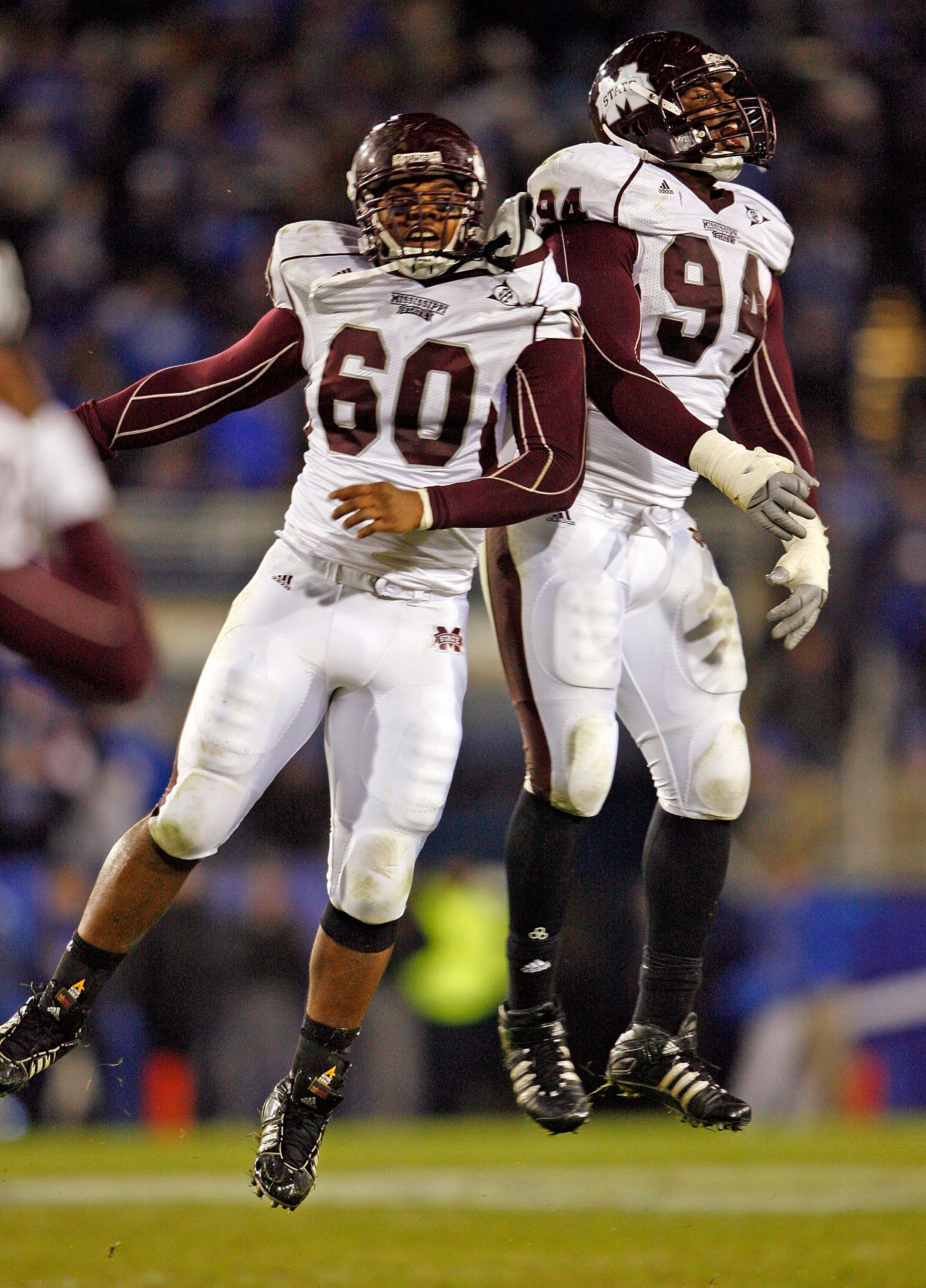 LEXINGTON, KY - OCTOBER 31: Devin Jones #60 and Fletcher Cox #94 of the Mississippi State Bulldogs celebrates after stopping the Kentucky Wildcats on fourth down on their last series of the game at Commonwealth Stadium on October 31, 2009 in Lexington, LEXINGTON, KY - OCTOBER 31: Devin Jones #60 and Fletcher Cox #94 of the Mississippi State Bulldogs celebrates after stopping the Kentucky Wildcats on fourth down on their last series of the game at Commonwealth Stadium on October 31, 2009 in Lexington,