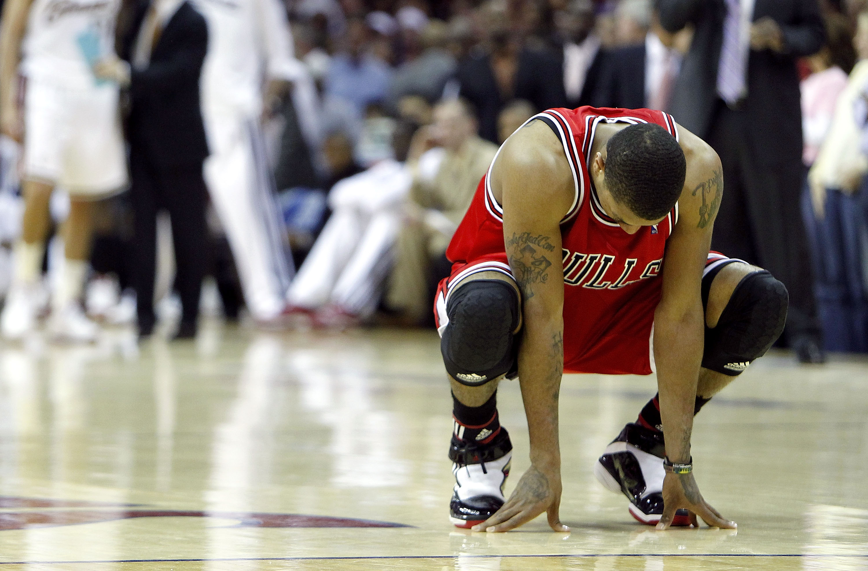 CLEVELAND - APRIL 27: Derrick Rose #1 of the Chicago Bulls reacts after missing a shot late in the game while playing the Cleveland Cavaliers during Game Five of the Eastern Conference Quarterfinals during the 2010 NBA Playoffs at Quicken Loans Arena on A
