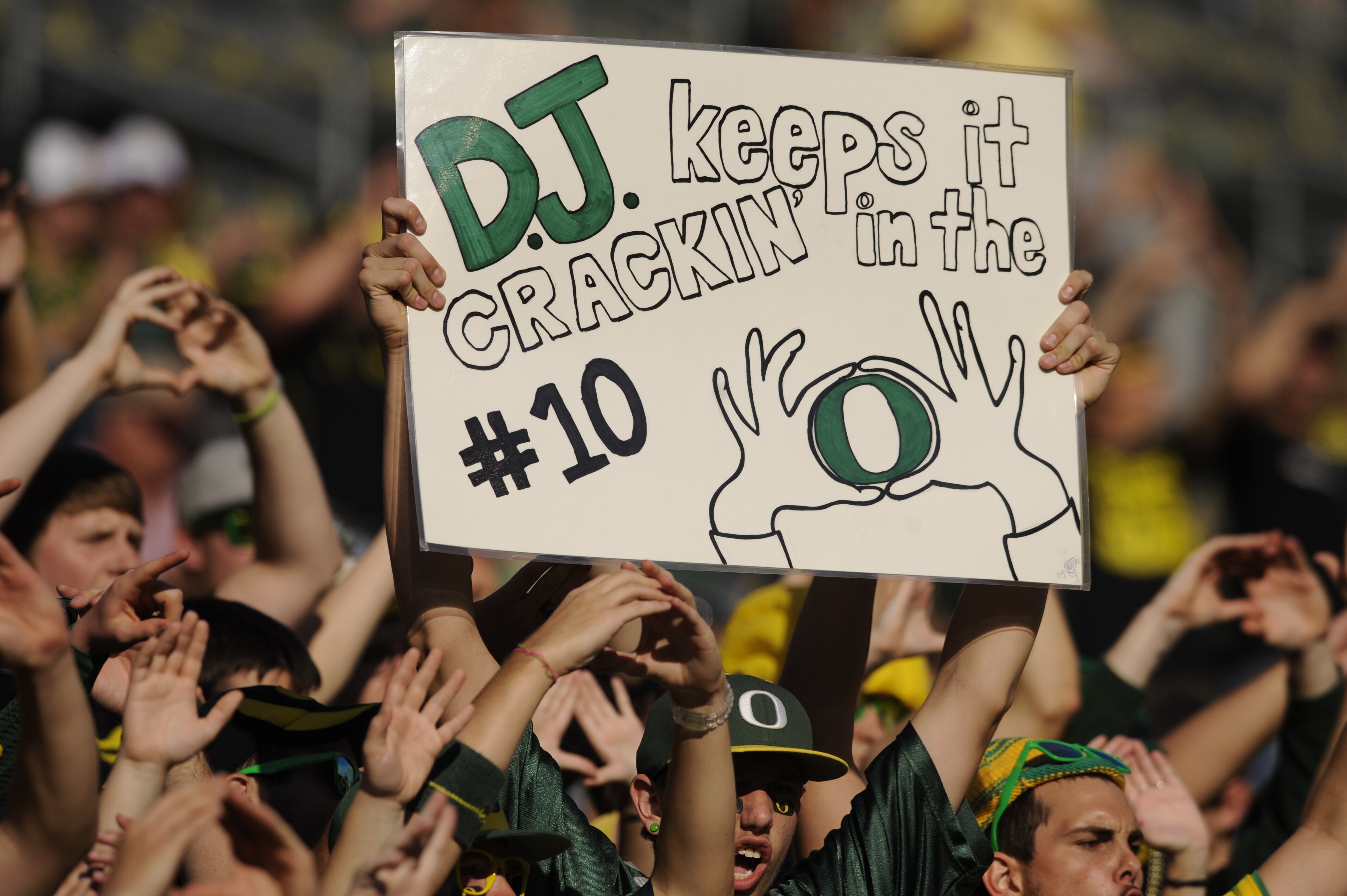 EUGENE, OR - OCTOBER 2: A sign in the stands supports wide receiver D.J. Davis of the Oregon Ducks warms before the start of the game at Autzen Stadium on October 2, 2010 in Eugene, Oregon. Oregon won the game 52-31. (Photo by Steve Dykes/Getty Images)