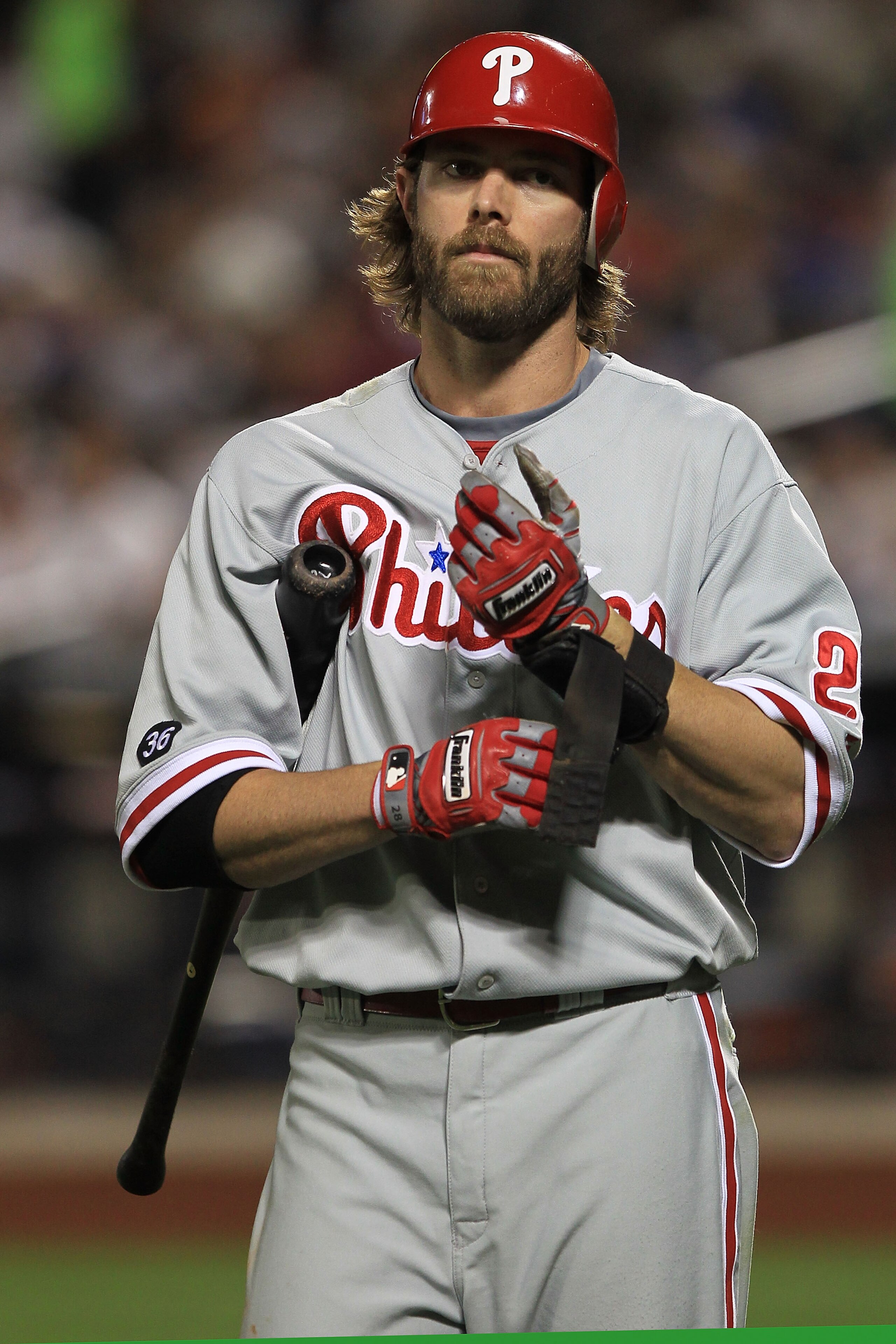 NEW YORK - MAY 25: Jayson Werth #28 of the Philadelphia Phillies walks back to the dugout after striking out against the New York Mets on May 25, 2010 at Citi Field in the Flushing neighborhood of the Queens borough of New York City.  (Photo by Chris McGr