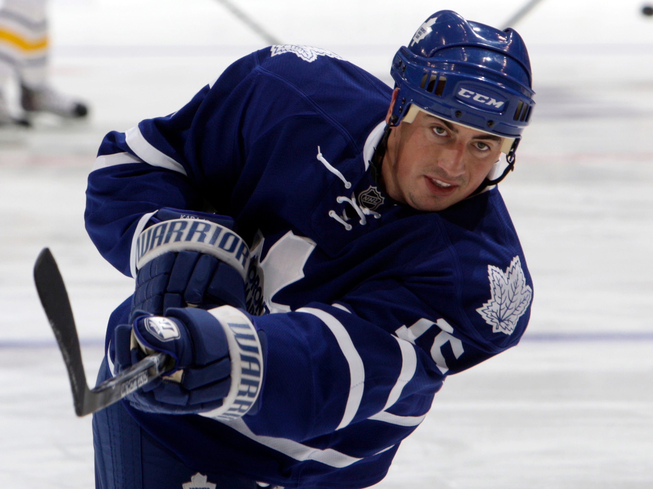 TORONTO - SEPTEMBER 27: Tomas Kaberle #15 of the Toronto Maple Leafs shoots during warmup before a preseason NHL game at the Air Canada Centre September 27, 2010 in Toronto, Ontario, Canada. (Photo by Abelimages/Getty Images)