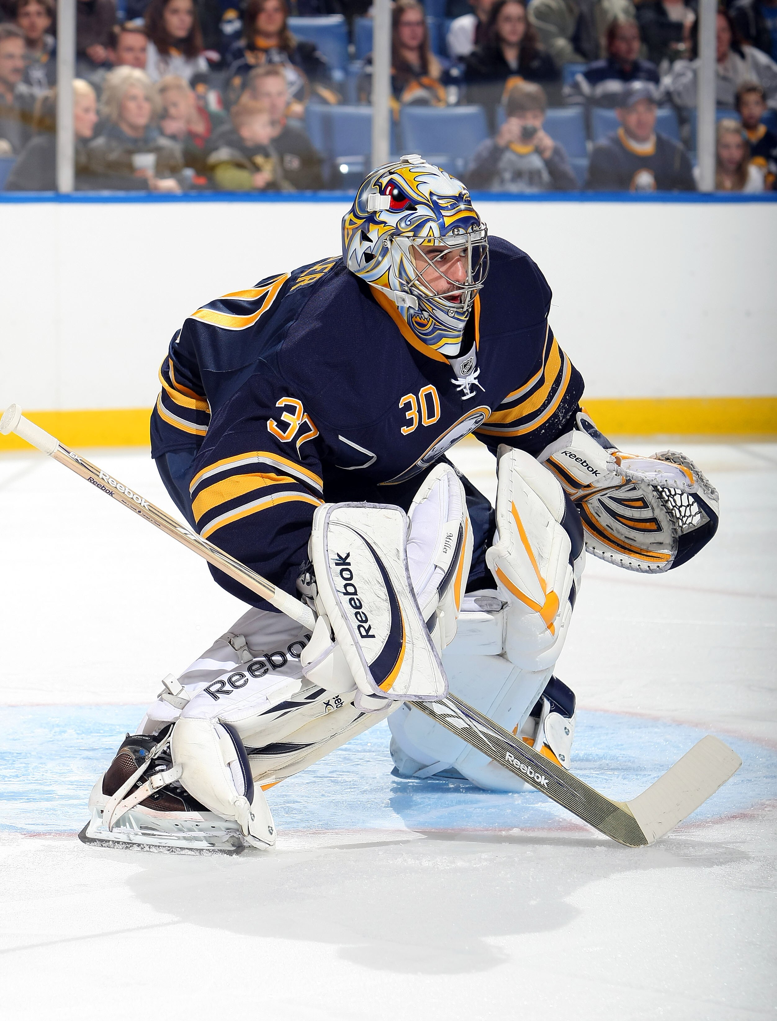 BUFFALO - OCTOBER 3:  Ryan Miller #30 of the Buffalo Sabres keeps his eyes on the play against the Philadelphia Flyers during their NHL preseason game at HSBC Arena October 3, 2010 in Buffalo, New York.(Photo By Dave Sandford/Getty Images)