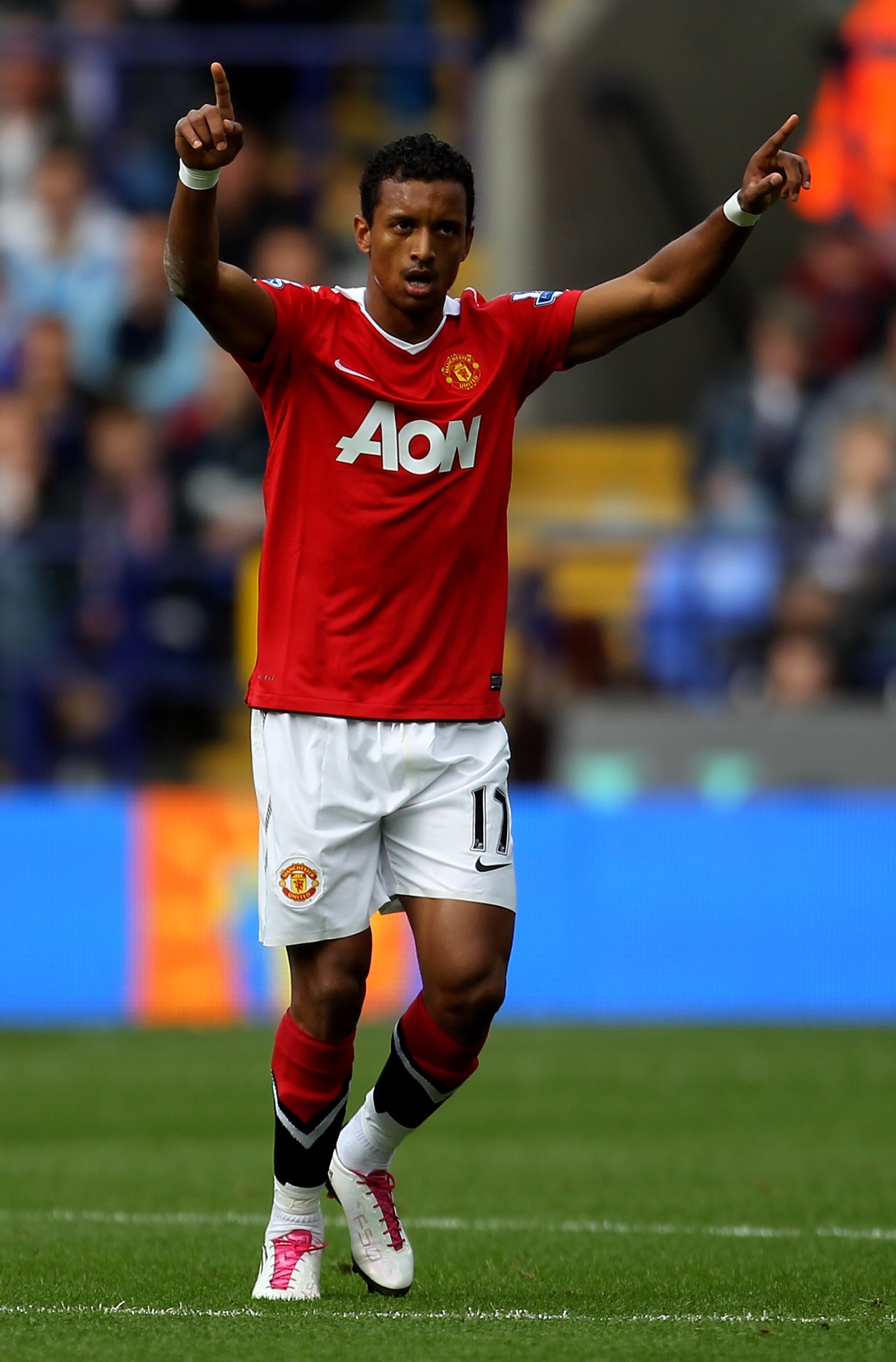 BOLTON, ENGLAND - SEPTEMBER 26:   Nani of Manchester United celebrates scoring his team's first goal during the Barclays Premier League match between Bolton Wanderers and Manchester United at the Reebok Stadium on September 26, 2010 in Bolton, England. (P