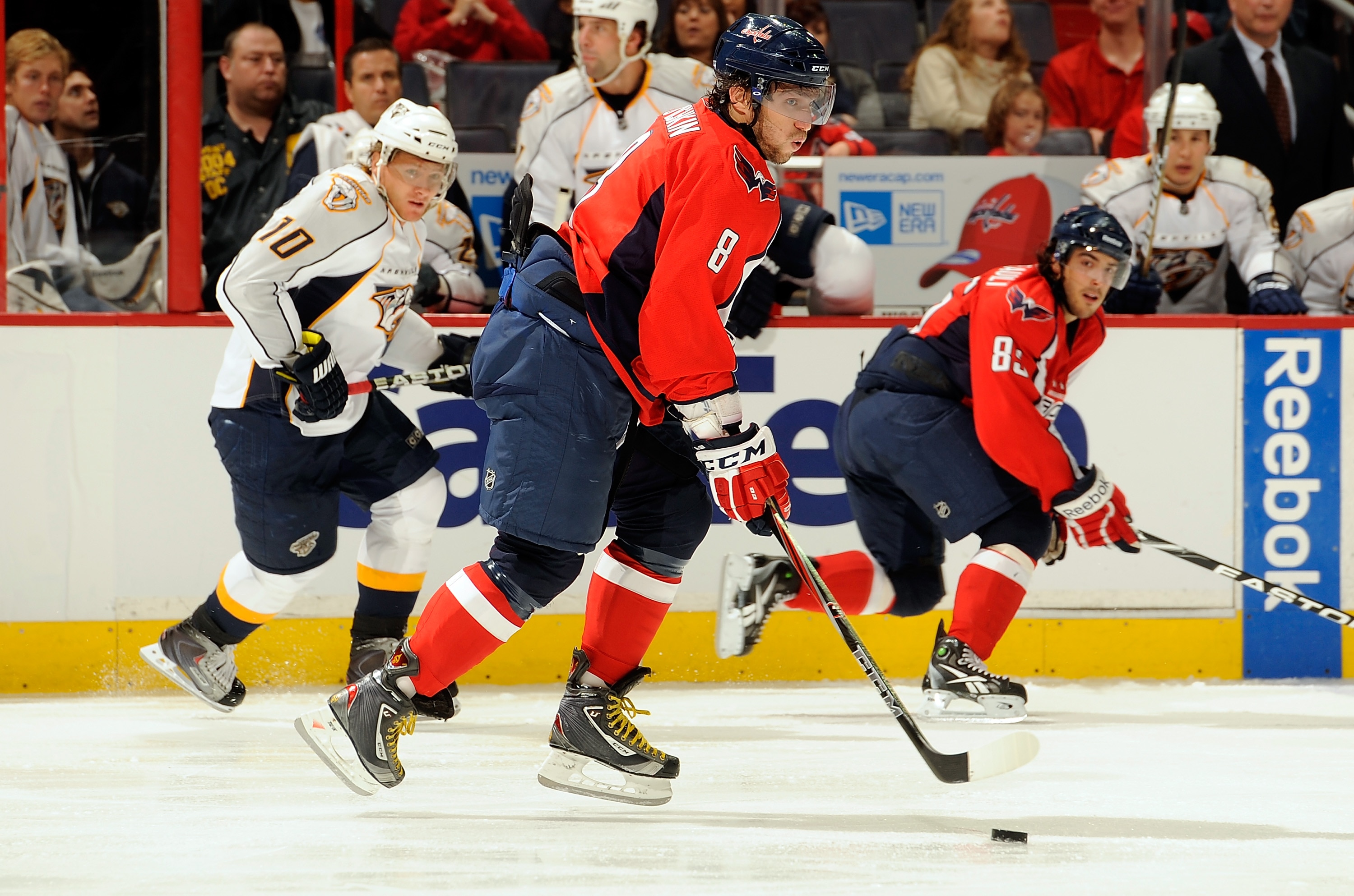 WASHINGTON - OCTOBER 03:  Alex Ovechkin #8 of the Washington Capitals brings the puck down the ice against the Nashville Predators at Verizon Center on October 3, 2010 in Washington, DC.  (Photo by Greg Fiume/Getty Images)