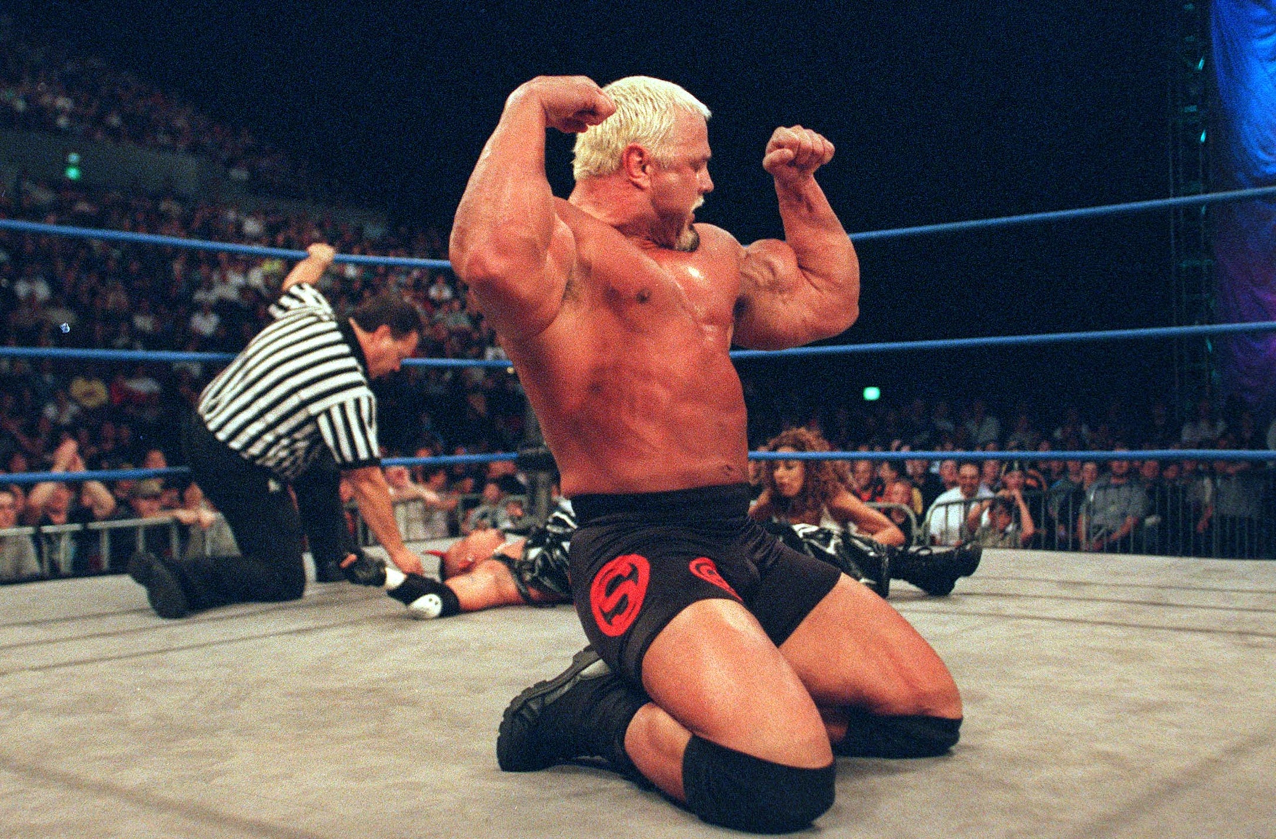 09 Oct 2000: Scott Steiner celebrates defeating Ray Mysterio Jr after their bout at the World Chamionship Wrestling ''Thunder Down Under'' night at the Sydney Entertainment Centre, Sydney, Australia. Mandatory Credit: Scott Barbour/ALLSPORT 09 Oct 2000: Scott Steiner celebrates defeating Ray Mysterio Jr after their bout at the World Chamionship Wrestling ''Thunder Down Under'' night at the Sydney Entertainment Centre, Sydney, Australia. Mandatory Credit: Scott Barbour/ALLSPORT